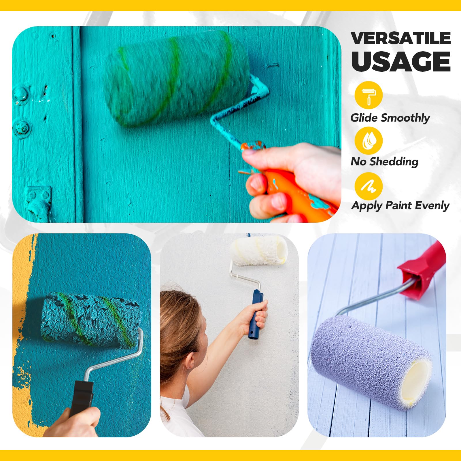 Pinkunn 48 coperture per rulli in microfibra ad alta capacità, per pennelli a rullo, forniture per la pittura della casa per tutte le superfici, strumenti di riparazione per la casa (striscia gialla,