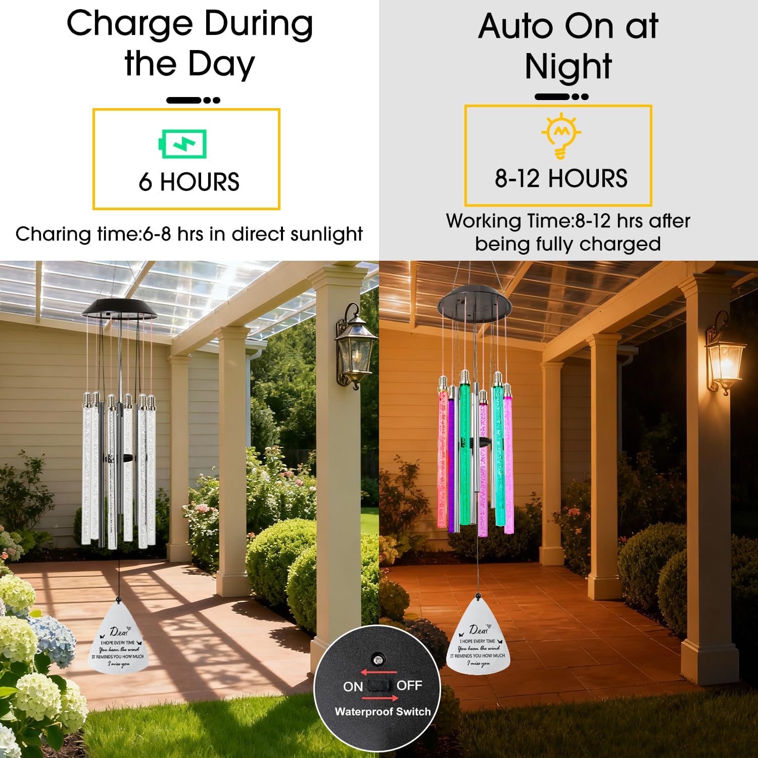 Solar Wind Chimes for Outside, 6 LED Color Changing Tubes - Unique Outdoor Garden Decor, Colorful Patio Ambient Light, for Her/Him, White Elephant Gifts for Adults - Image 3