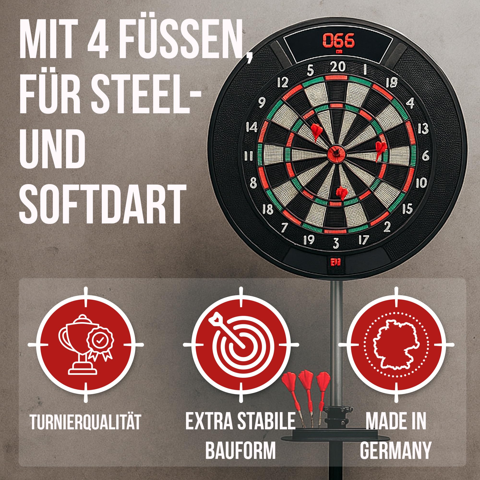 Dartscheibe Ständer mit 4 Füßen, mobiler Dartständer höhenverstellbar, für Sisal und elektronische Dartboards, mit Zubehörablage