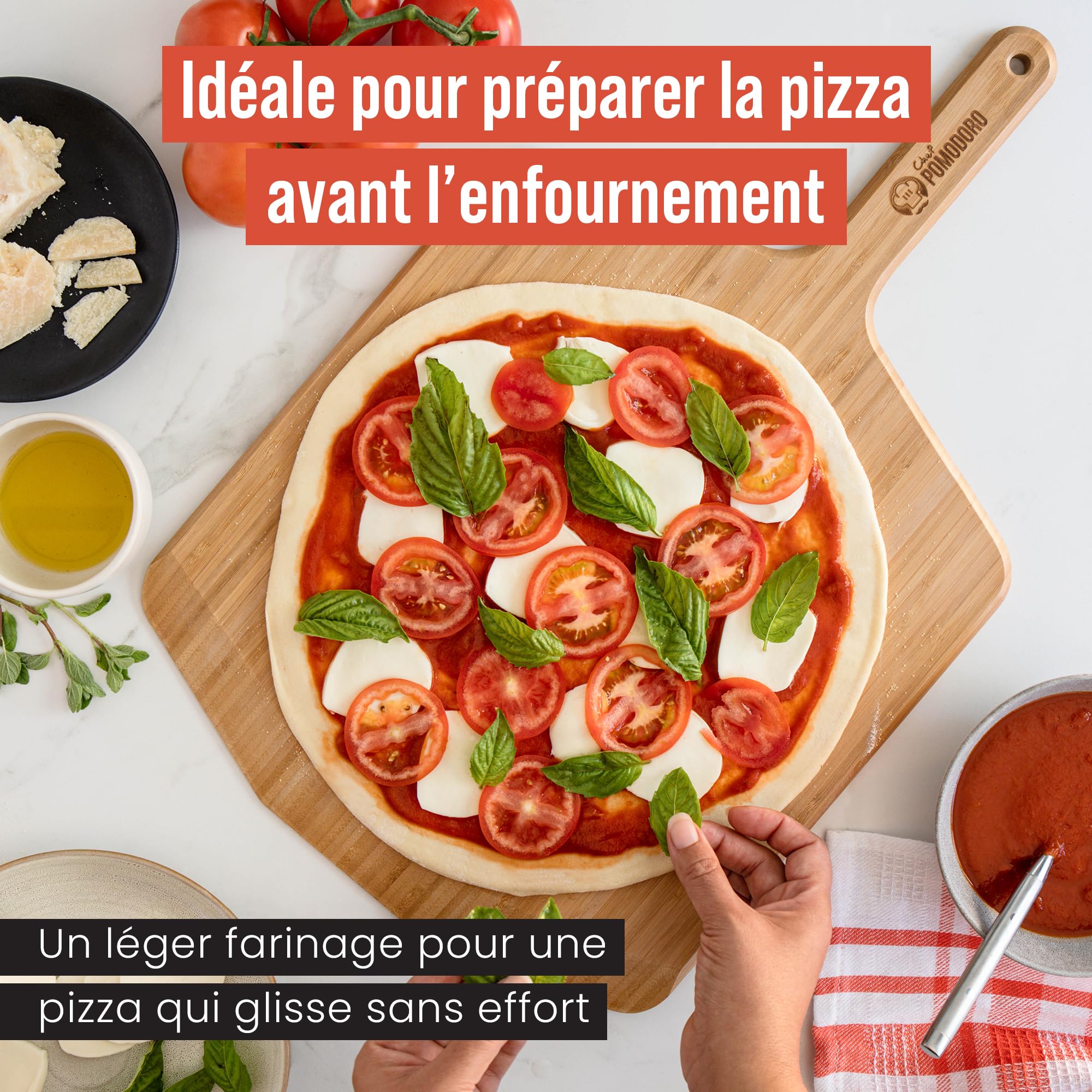 Chef Pomodoro - Grande Pelle A Pizza En Bois de Bambou (41 cm) - Pelle Pizza et Planche à Découper, Préparer et Tranférer vos pizza et pains - Planche pizza Légère et Résistant, Convient aux fours