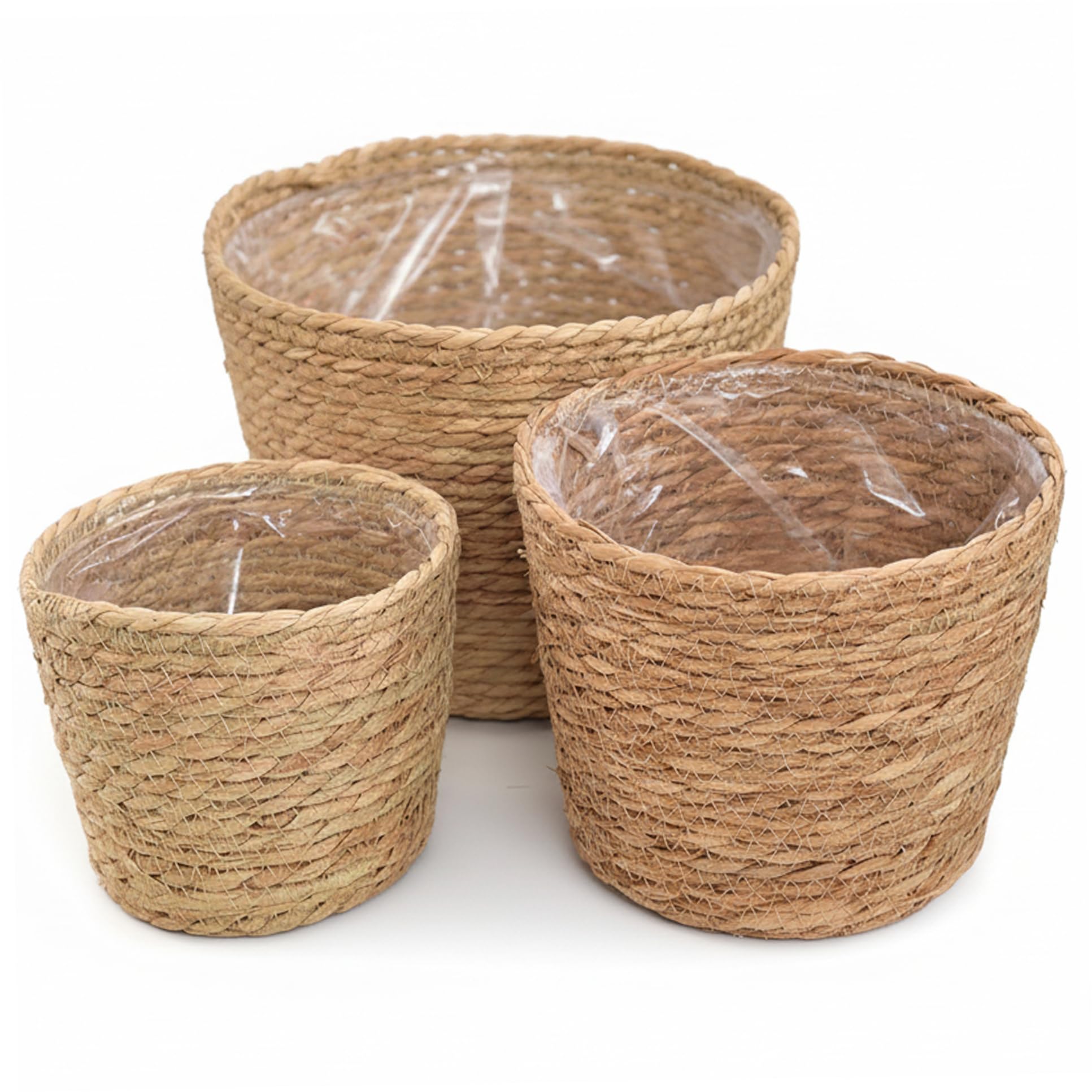Takingup Plant Basket, 3-Piece Handwoven Seagrass Wicker Plant Pot Basket with Plastic Liner for Indoor Plants, Decorative Storage & Planter Cover for Home, Kitchen, Patio