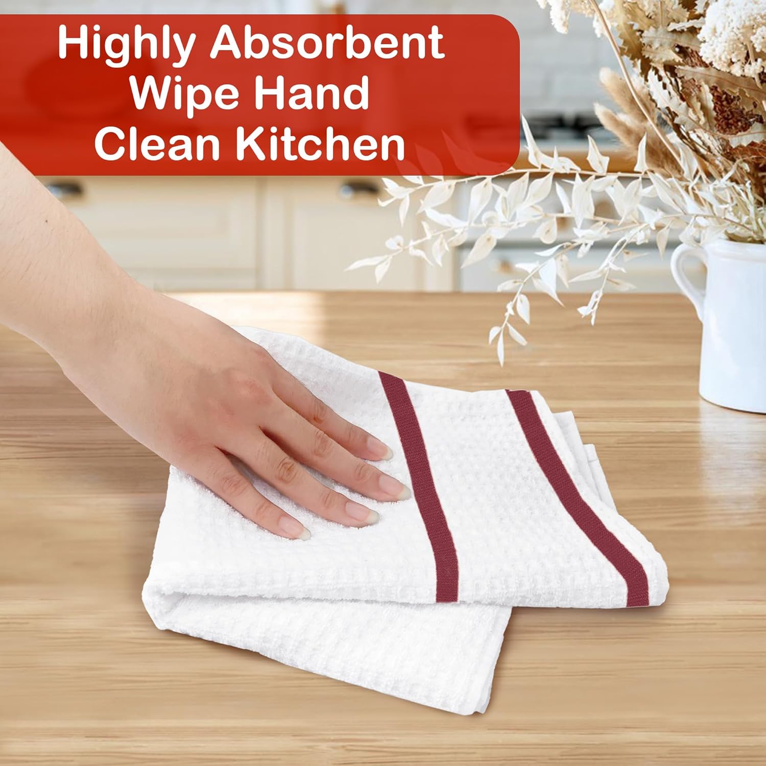 VOOVA & MOVAS White Dish Towels for Kitchen Set of 4, 16"x26" - 100% Cotton | Soft | Absorb | Daily Use, Waffle Weave Kitchen Hand Towels, White Check with Red Stripe