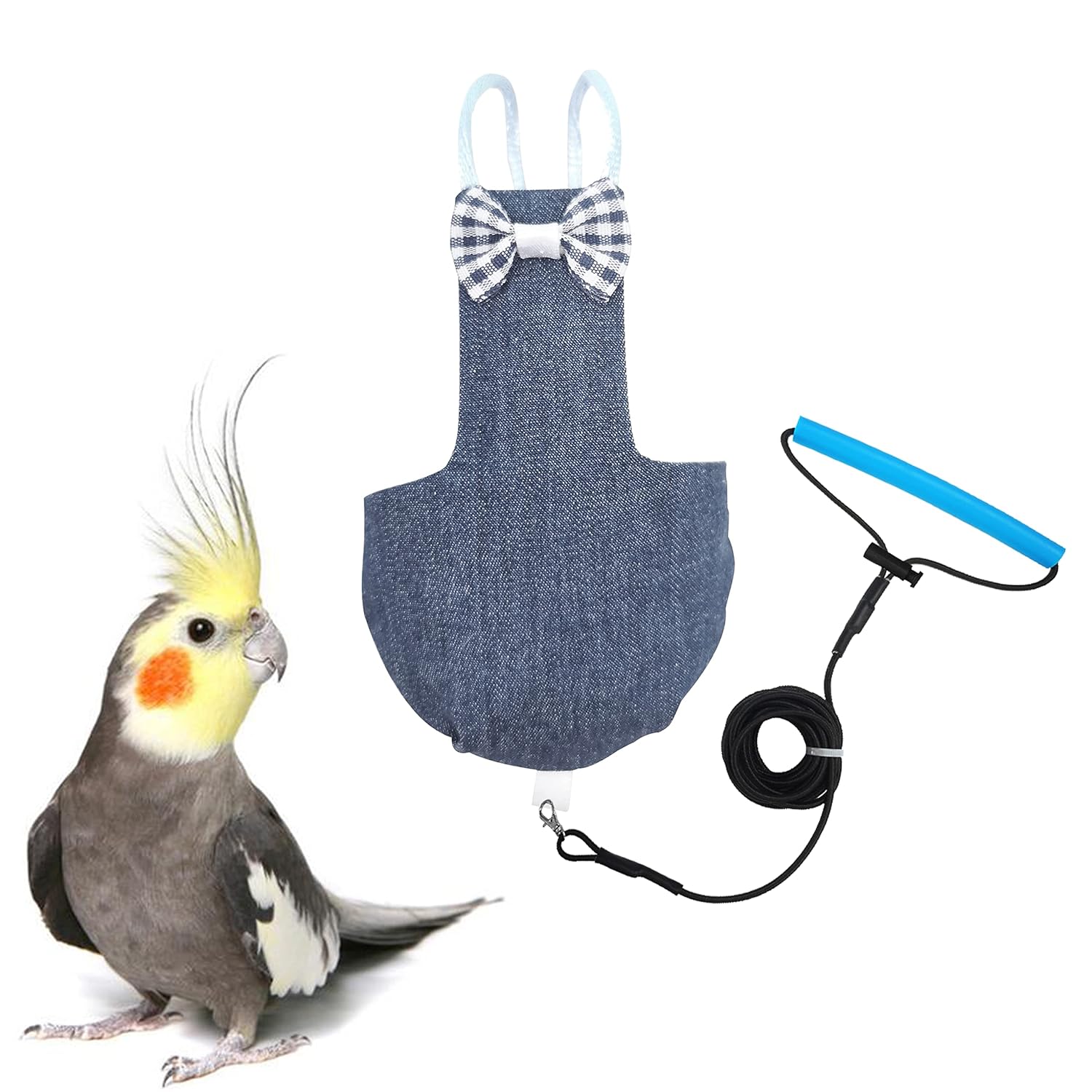 VANFAVORI Bird Diaper Harness Flight Suit Clothes with 80 Inch Flying Leash for Parrots Cockatiel Pet Birds, Denim Blue, S Size, Including A Cotton Pad