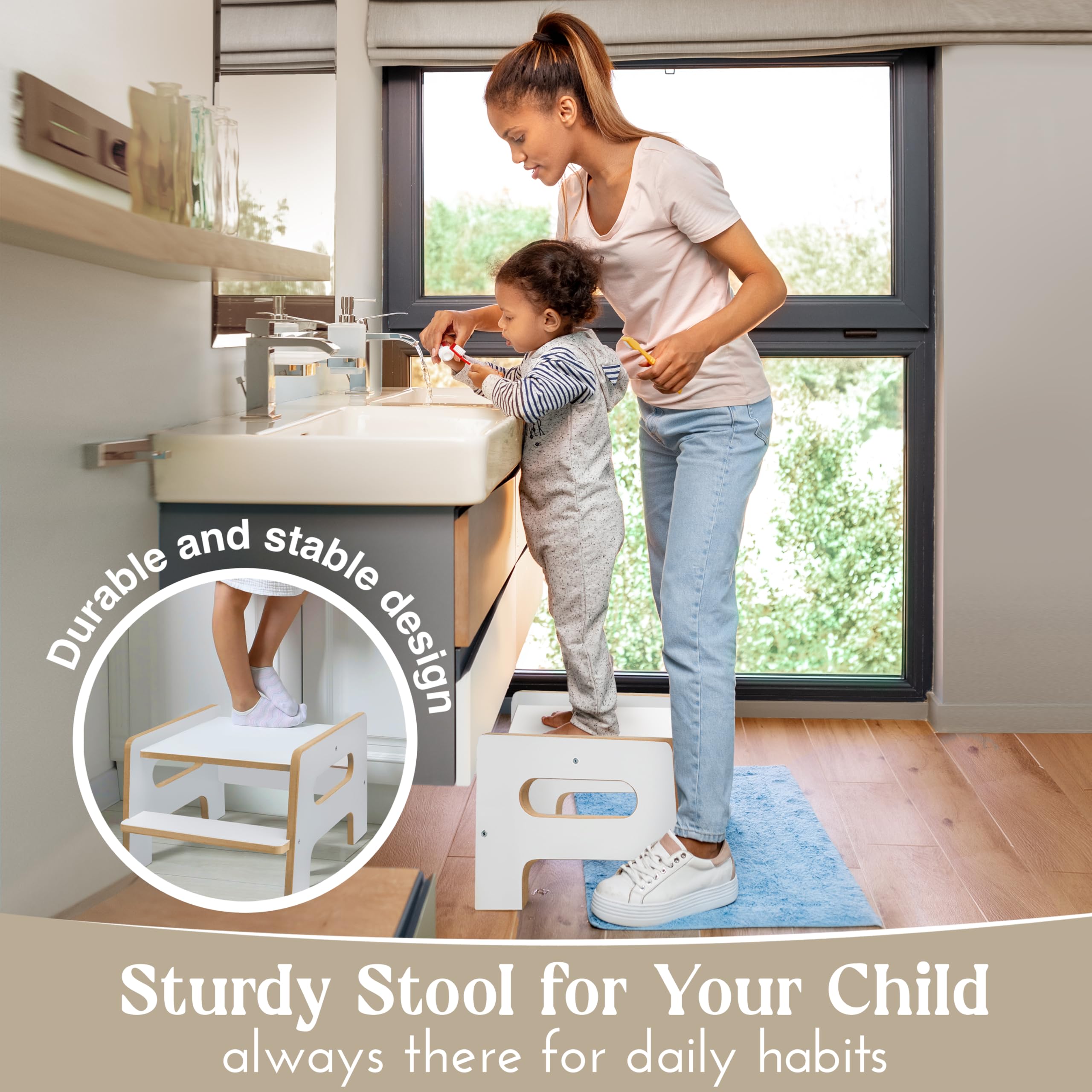 Torre de Aprendizaje Montessori 2 en 1 con Taburete Adicional – Torre de Aprendizaje Infantil Ajustable para Lavabo o baño, Blanco/Pino