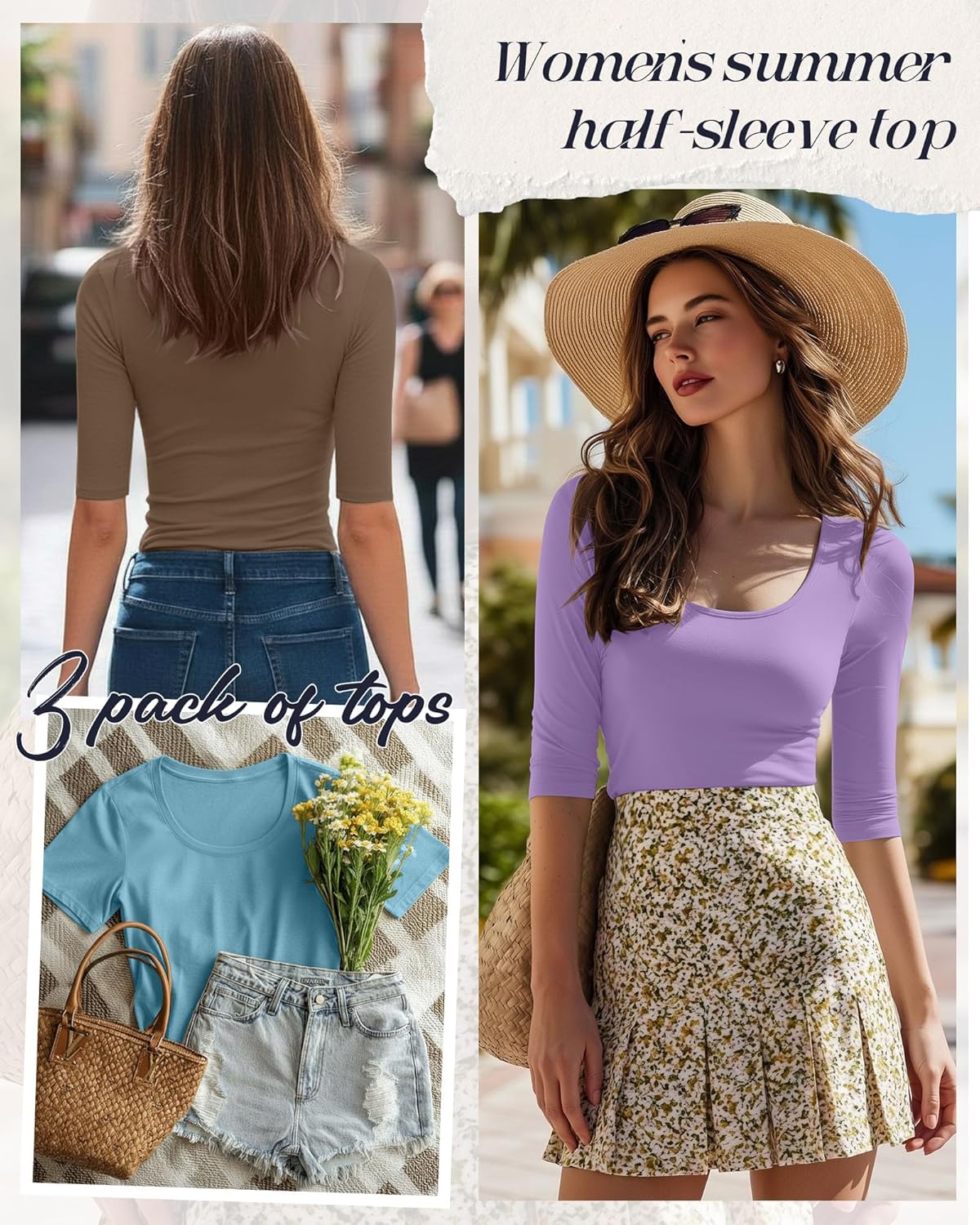 Neer 3 Pack Women's Scoop Neck Tops Half Sleeve Slim Fitted Cotton Blend Stretchy T-Shirts Tight Casual Basic Tees - Image 5