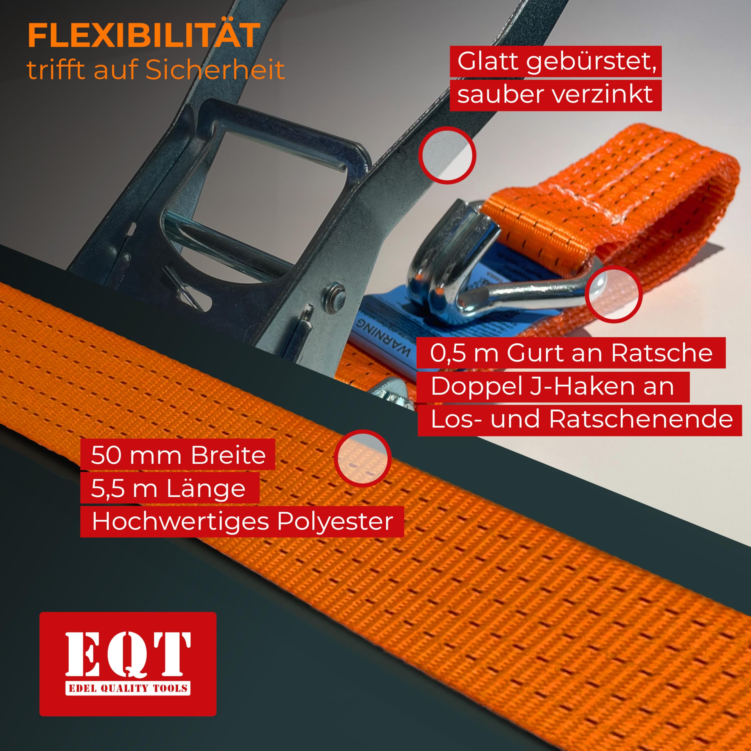 EQT 4 Stück 5000kg 6m Spanngurte mit Ratsche und Haken zweiteilig DIN EN 12195-2 TÜV GS