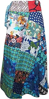 Mogul Interior Womens Wrap Skirt, Summer Patchwork Wrap Around Short Cotton Skirt, Beach Colorful Magic Skirts One Size Blue