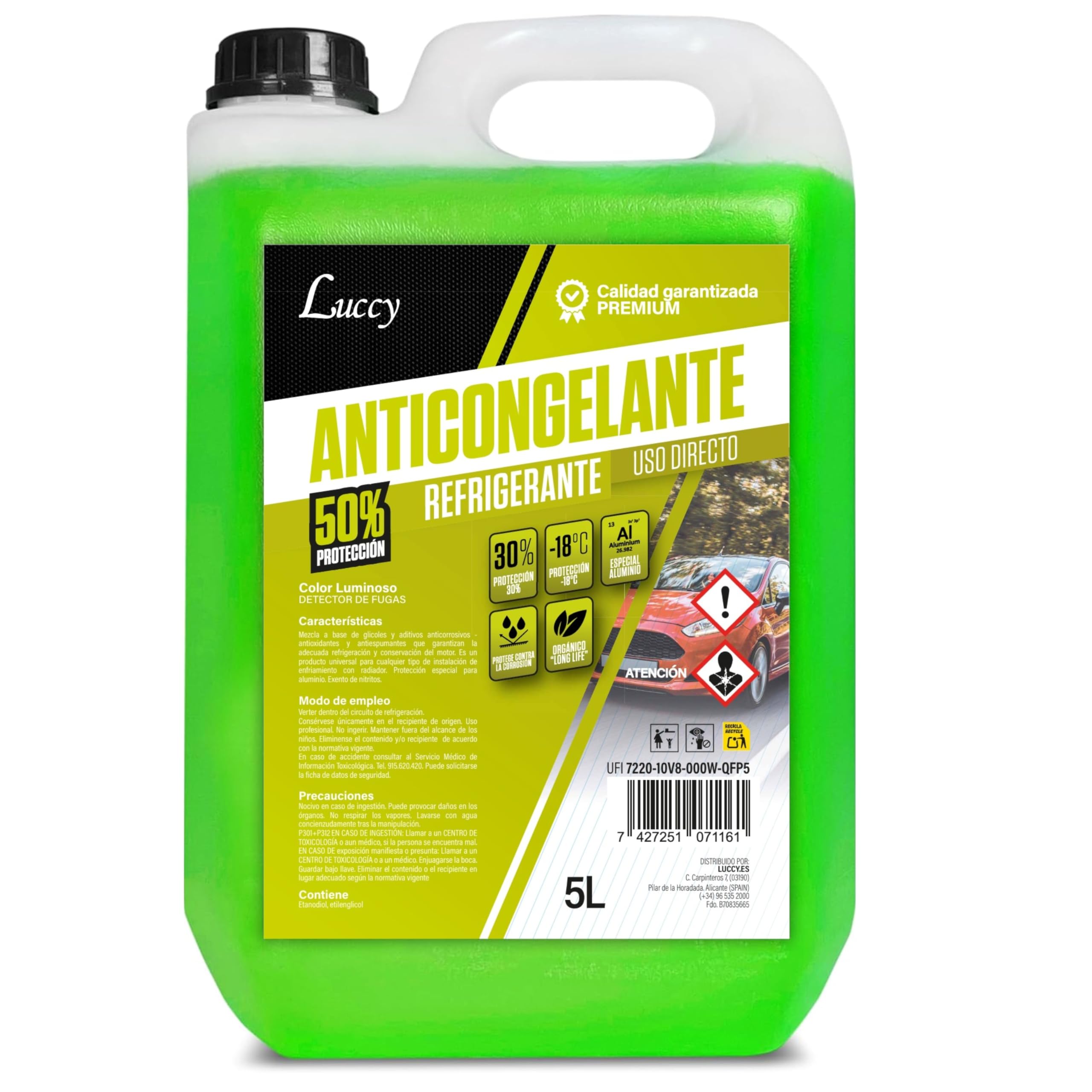 Anticongelante coche 50% G12 Protección -37º - 5 Litros Orgánico Long Life