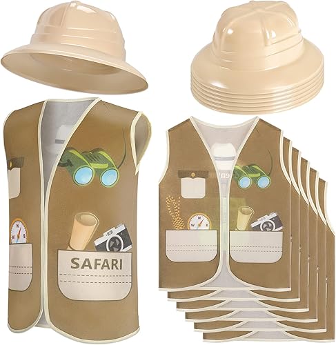 Coume 12 sombreros de safari y chaleco, disfraz de safari incluye 6 sombreros de explorador de plástico y 6 chalecos de selva, suministros de fiesta