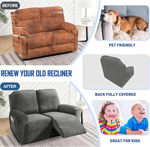 Miniatura 5 de MAXIJIN Funda para sofá biplaza reclinable, 6 piezas de terciopelo elástico para sofá reclinable de 2 plazas, gruesa, suave, lavable (sofá biplaza