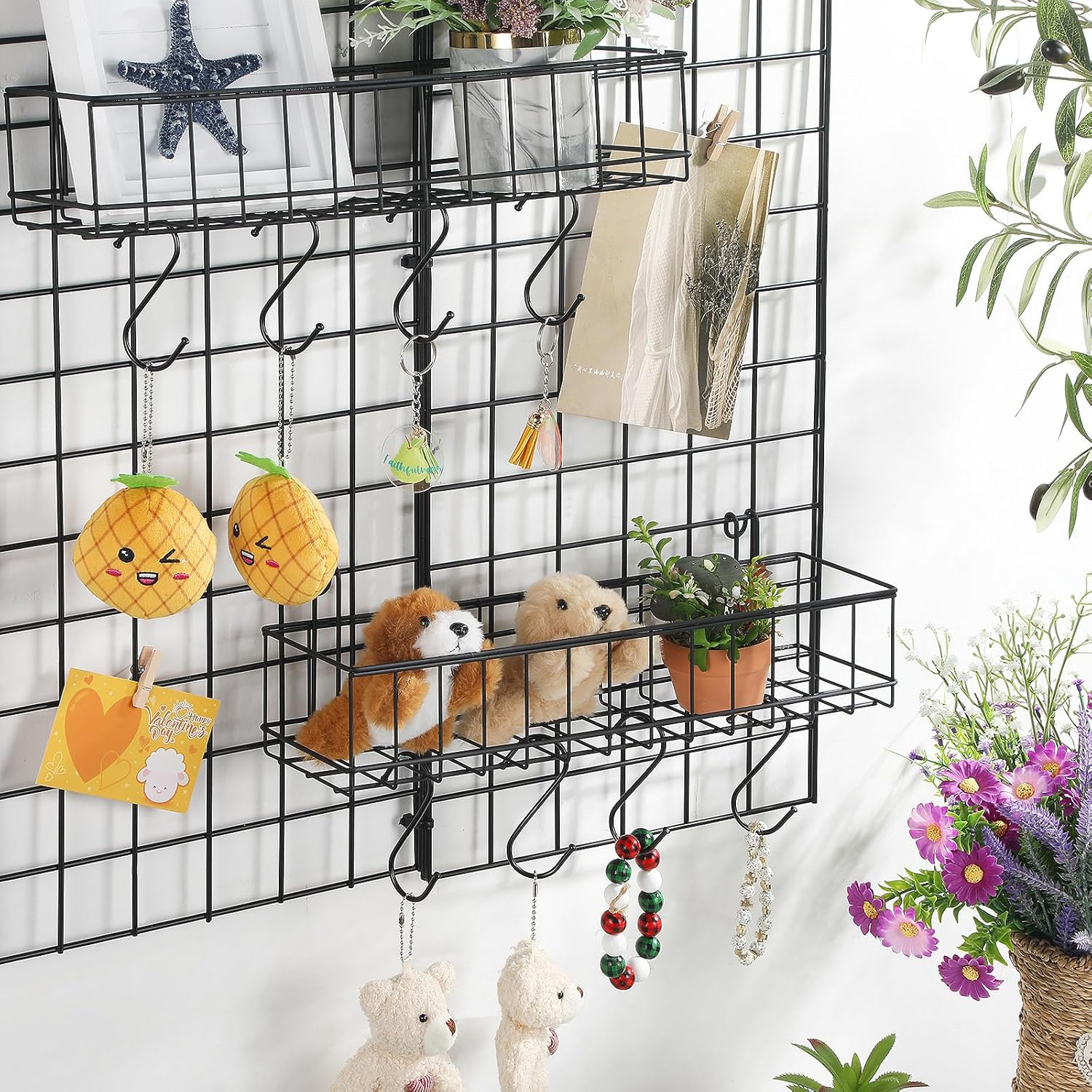 Black 4 Pack Grid Wall Hanging Baskets with 16 S Hooks, 15.8 x 3.9 x 3.2 Inch Metal Wire Wall Mount Storage Baskets for Grid Panels, Retail Display, Kitchen, Bathroom