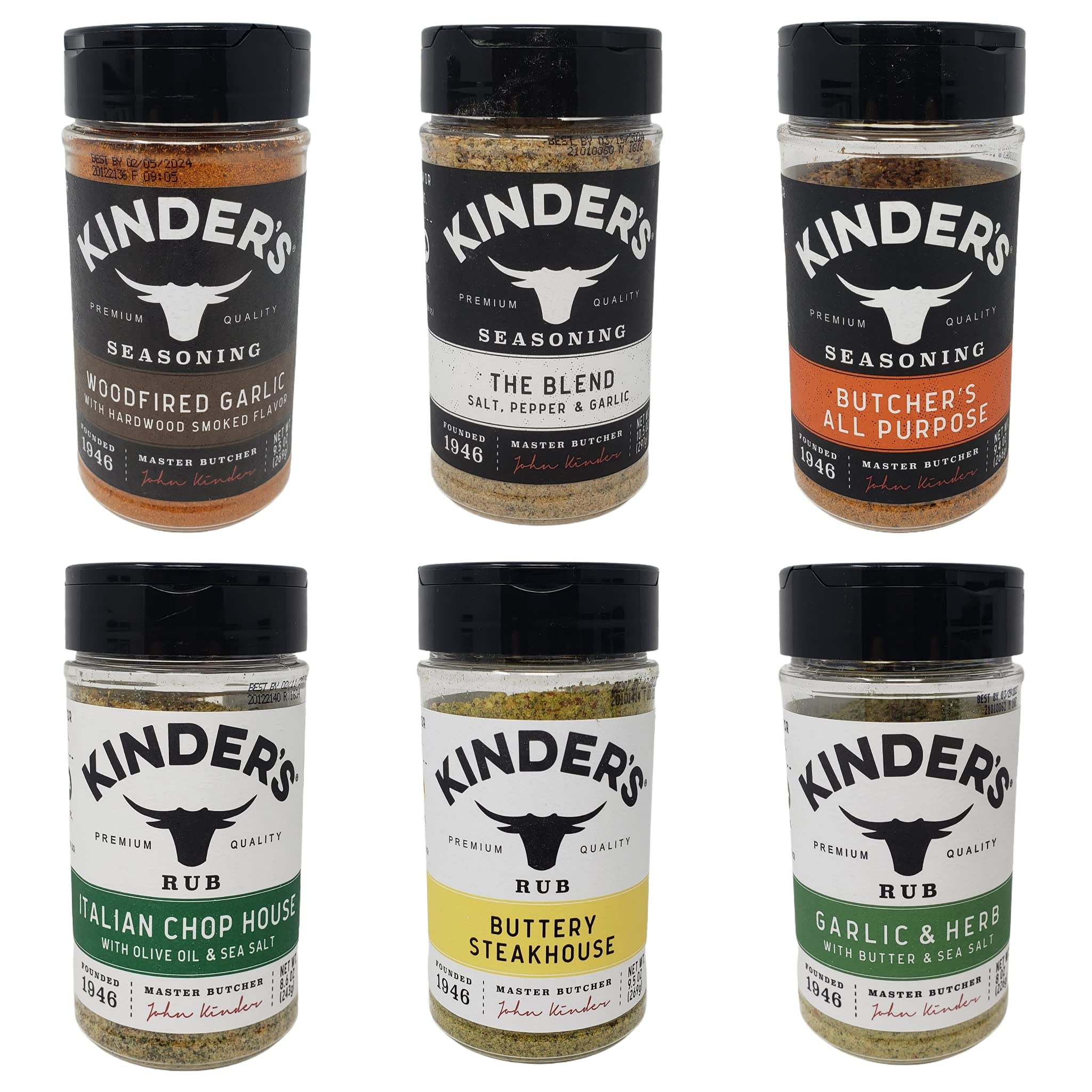 Kinders Premium Quality Seasoning Variety Pack - Woodfired Garlic, Buttery Steakhouse, Butchers All Purpose, The Blend, Italian Chop House, and Buttery Garlic and Herb - 55.5 oz Total