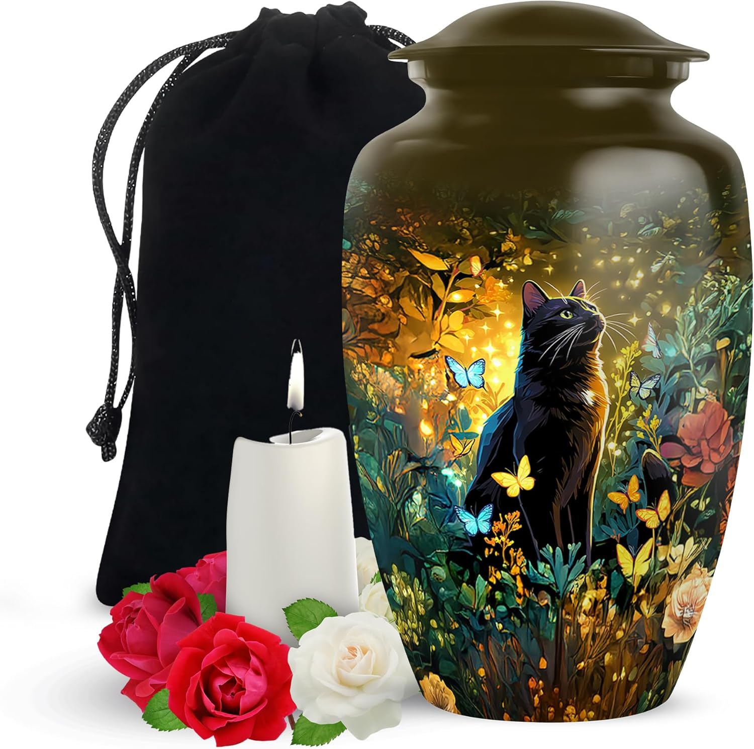 Yatskia Black Cat with Flowers Decorative Cremation Urns for Human Ashes Adult Mom and Dad, Large Funeral Urn for Ashes Adult Men, (Classic Large, 10 Inch)