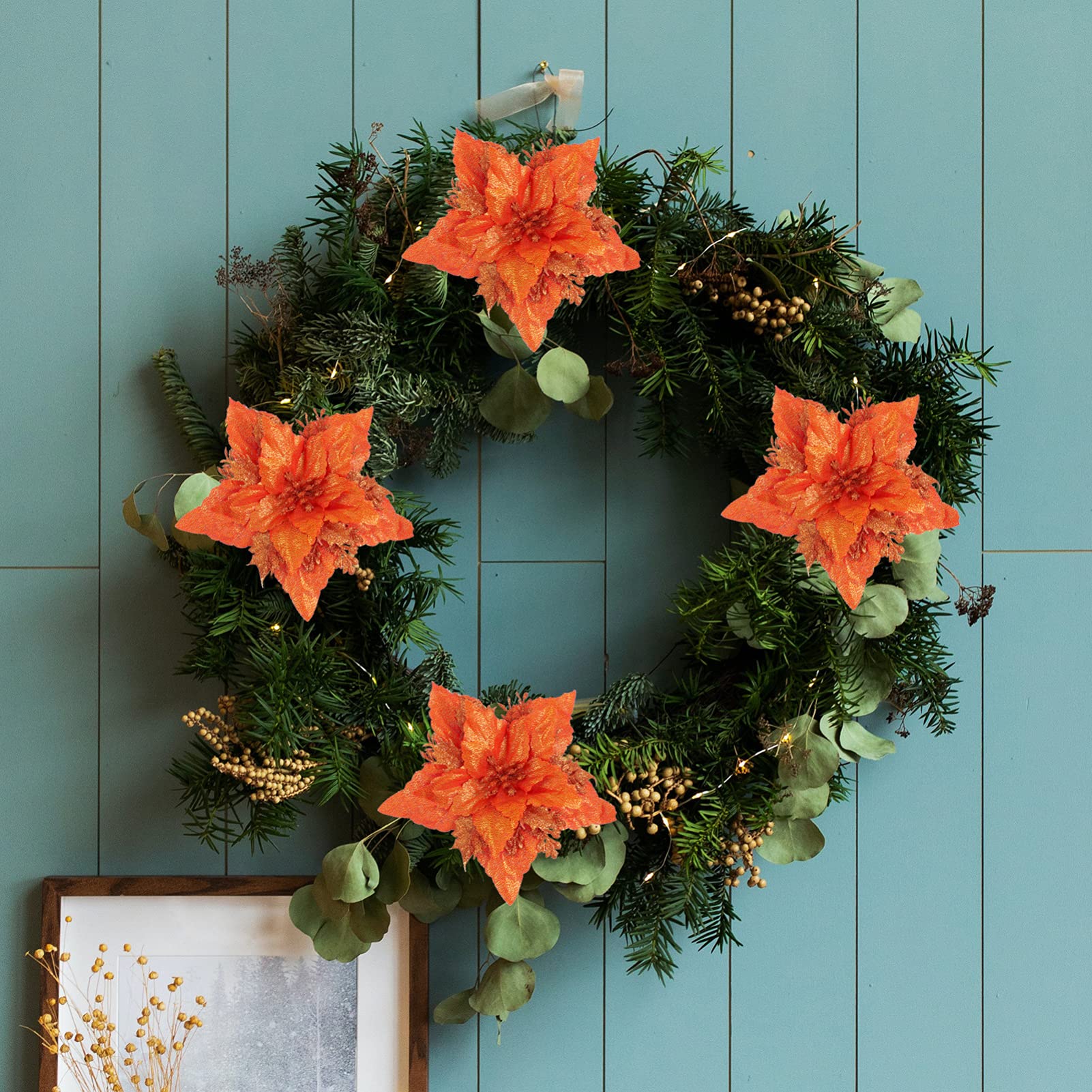STOBOK 6pcs Christmas Tree Orange Fake Glitter Artificial Wreath Garland Xmas Wedding Party Decorations, 18X18CM - Image 3