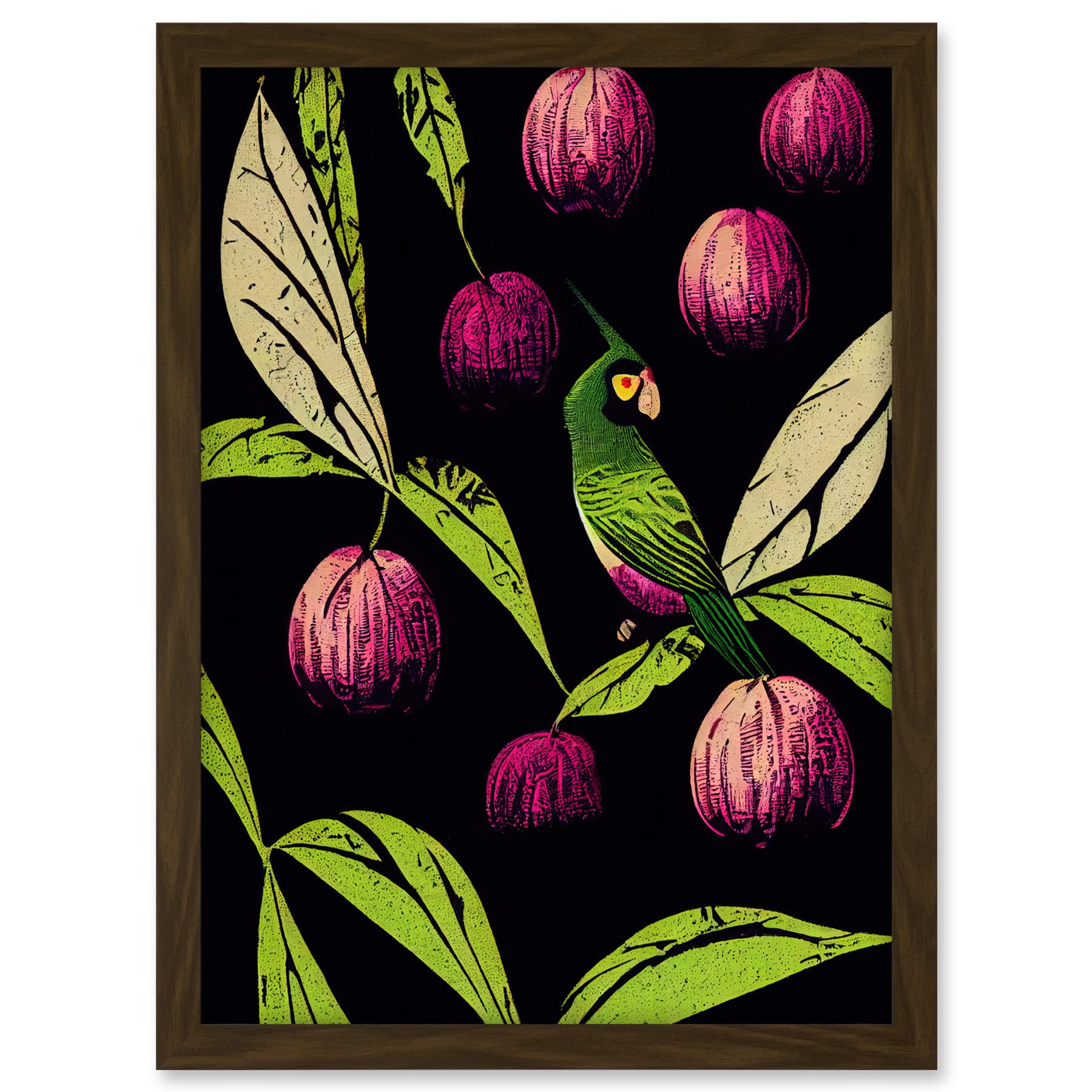 Wee Blue Coo Parrot in Tree Fruit Bright Green and Purple Black Colour Linocut Illustration Modern Vintage Artwork Framed A3 Wall Art Print