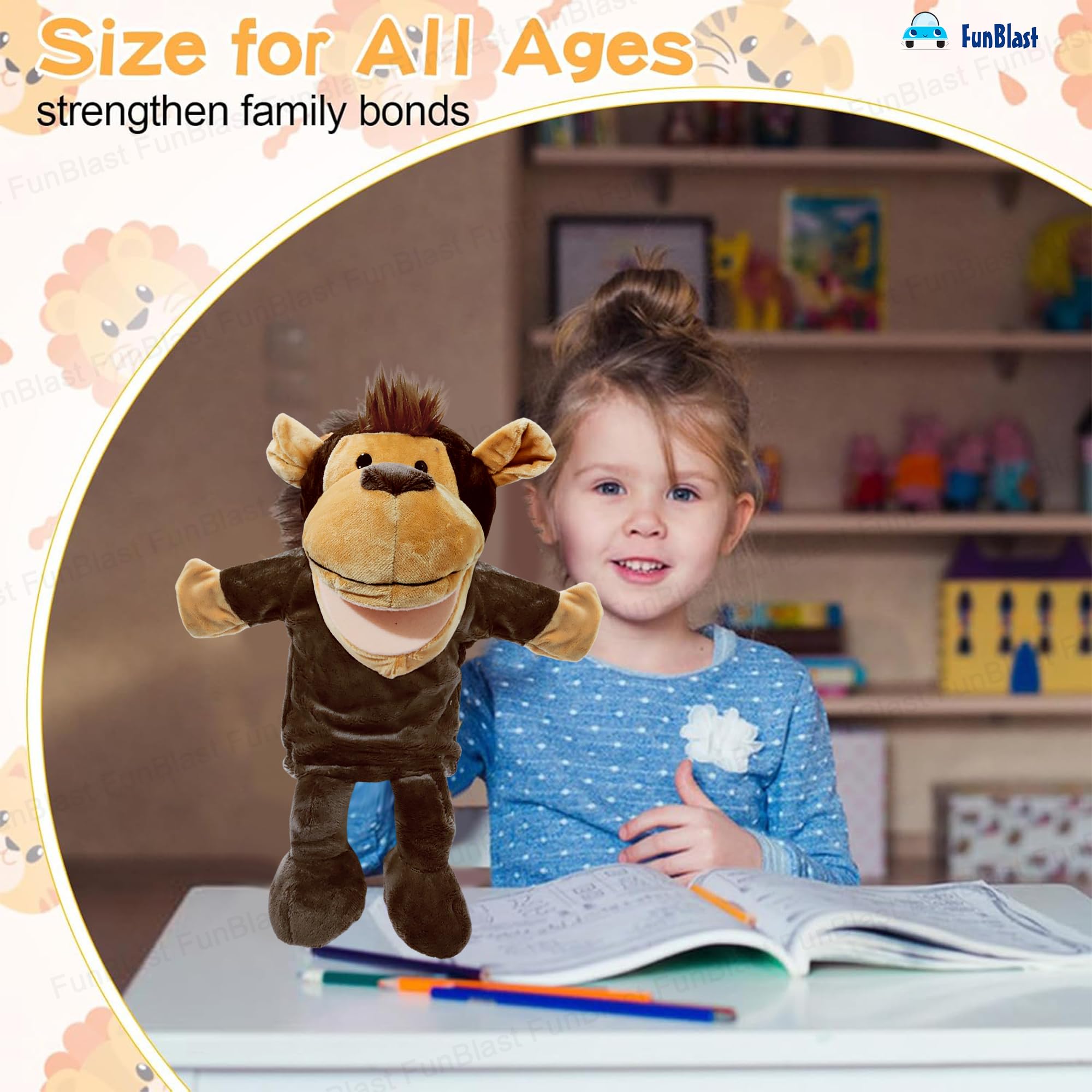 FunBlast Hand Puppets for Kids – Cute Animal Soft & Interactive Plush Monkey Puppets for Storytelling, Role Play & Learning Toys, Perfect for Toddlers & Children (Multicolor) 1