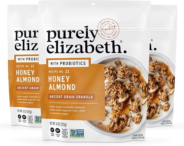 Purely Elizabeth, Honey Almond, Ancient Grain Granola with Probiotics, Gluten-Free (3 Ct, 8oz Bags)