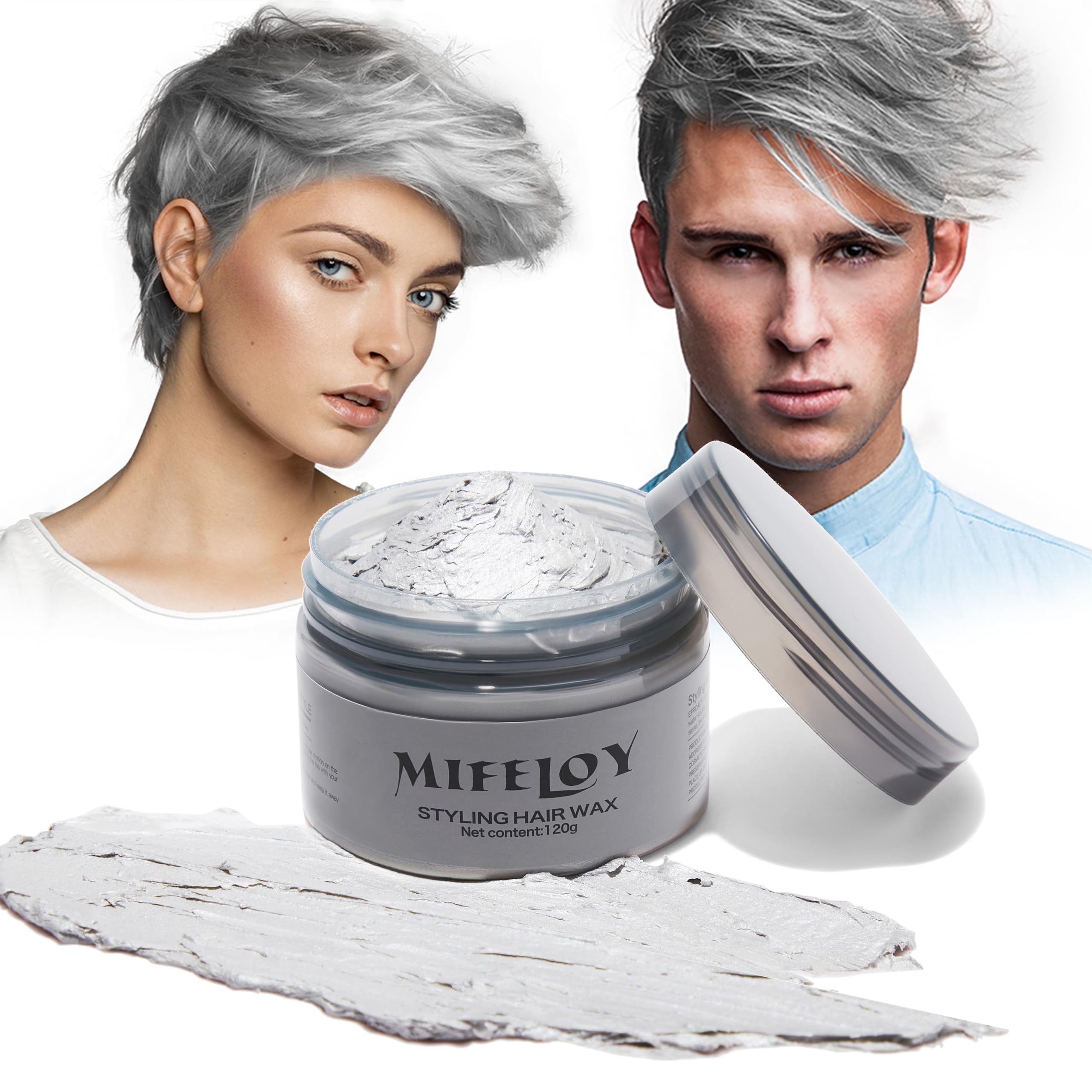 Mifeloy Temporary Silver Gray Hair Color Wax 120g, Instant Hairstyle Cream Dye, Disposable Coloring Mud for Men Women Youth, Grey Natural Styling Pomades for Party Cosplay DIY Halloween