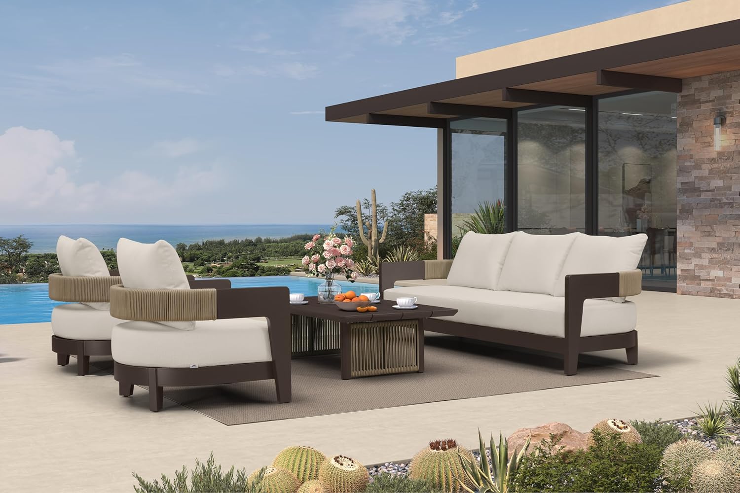 PURPLE LEAF Patio Conversation Sets 6 Pieces Modern Aluminum Olefin Rope 7.87" Thick Removable Cushions and Pillows Outdoor Sectional Sofa Set with Table for Porch Yard Garden