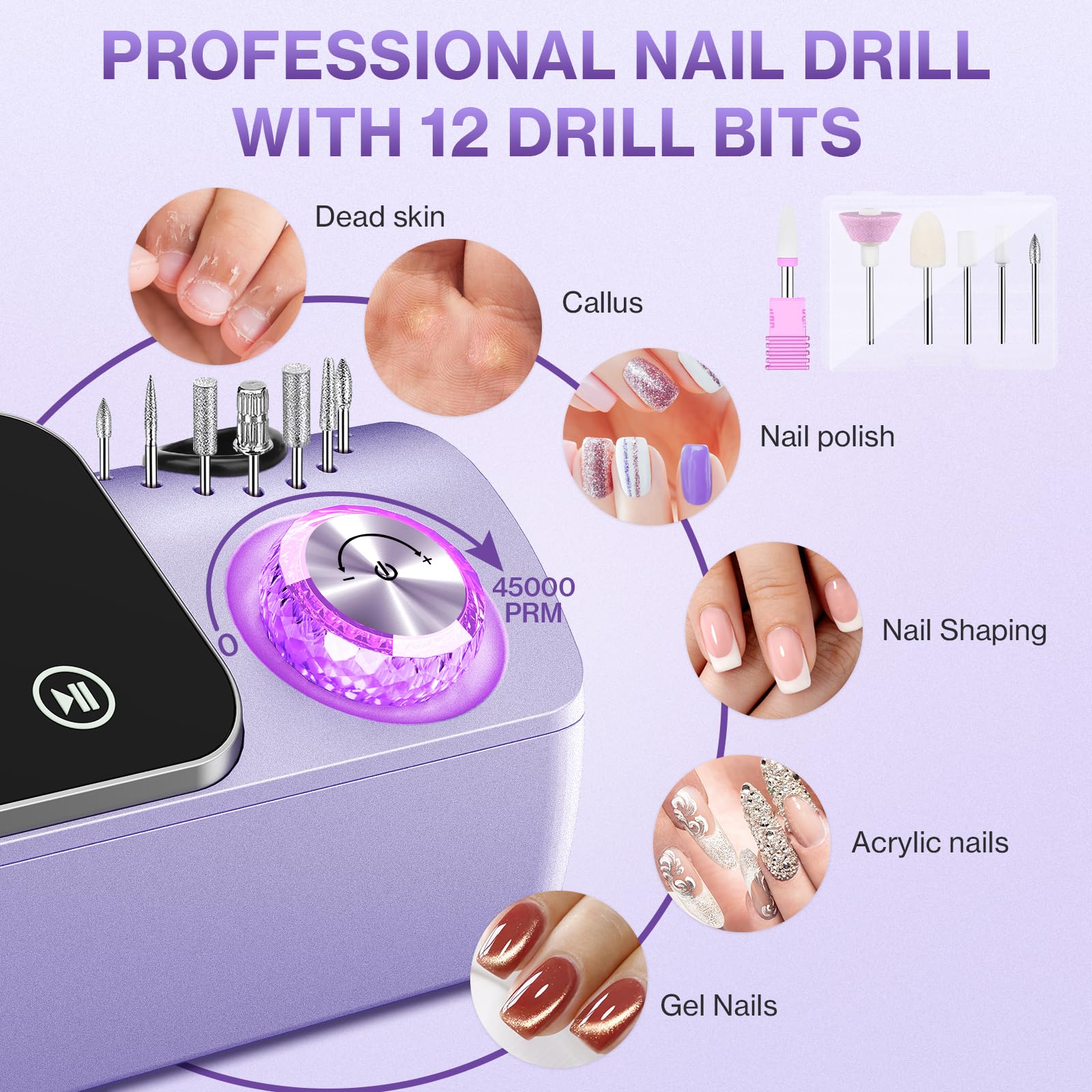 Ponceuse pour Ongles Professionnelle 45000 RPM 36 W, Ponceuse Ongles Portable avec Écran LCD & Support et 11 Embouts,Lime à Ongle Electrique Silencieux, Conçu pour Les Salons (violet)