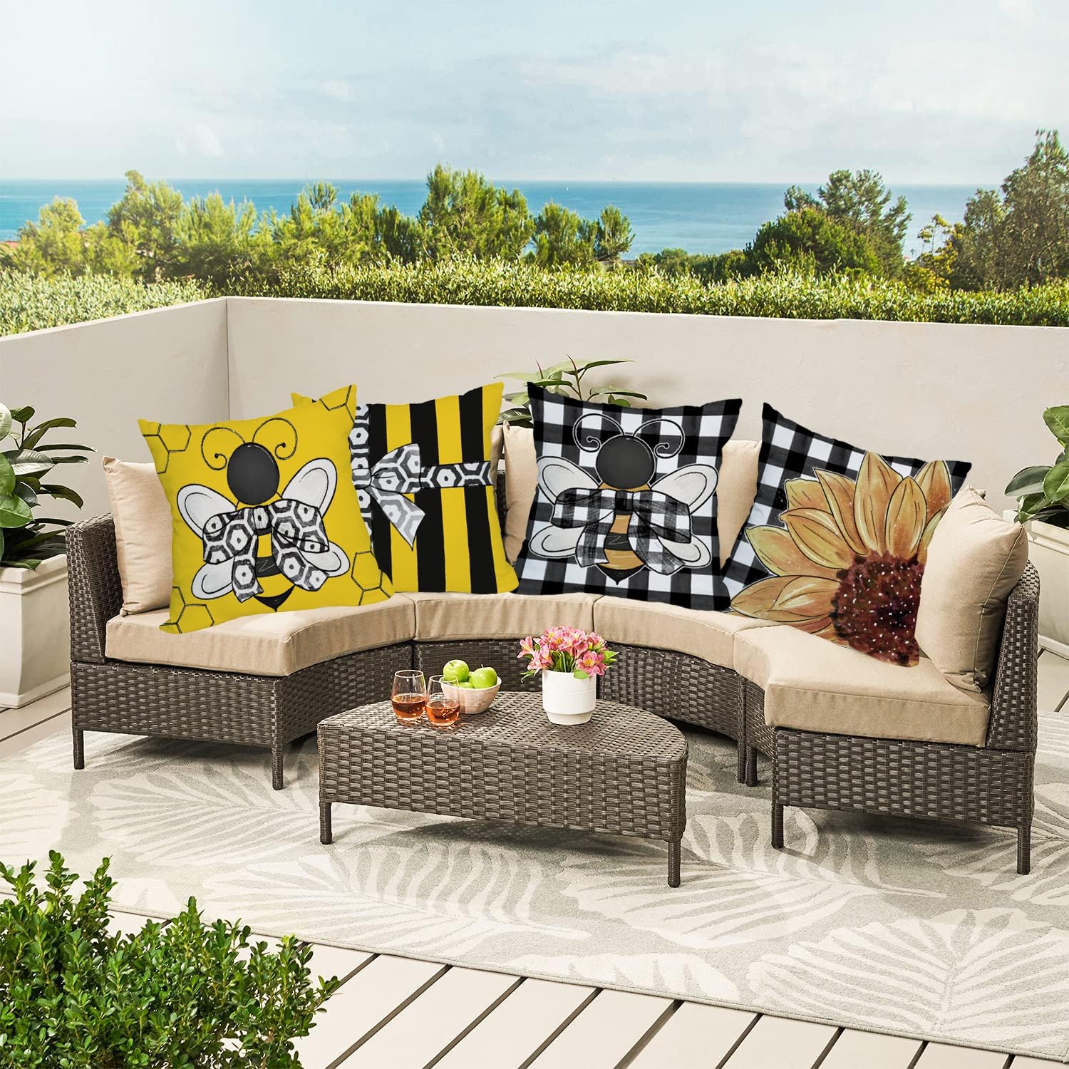 Outdoor Waterproof Summer Bee Sunflower Throw Pillow Covers Set of 4 24x24 Inch Yellow Black Buffalo Honeycomb Pillow Cases Double Sided Cushion Cover for Patio Bench Balcony Chairs