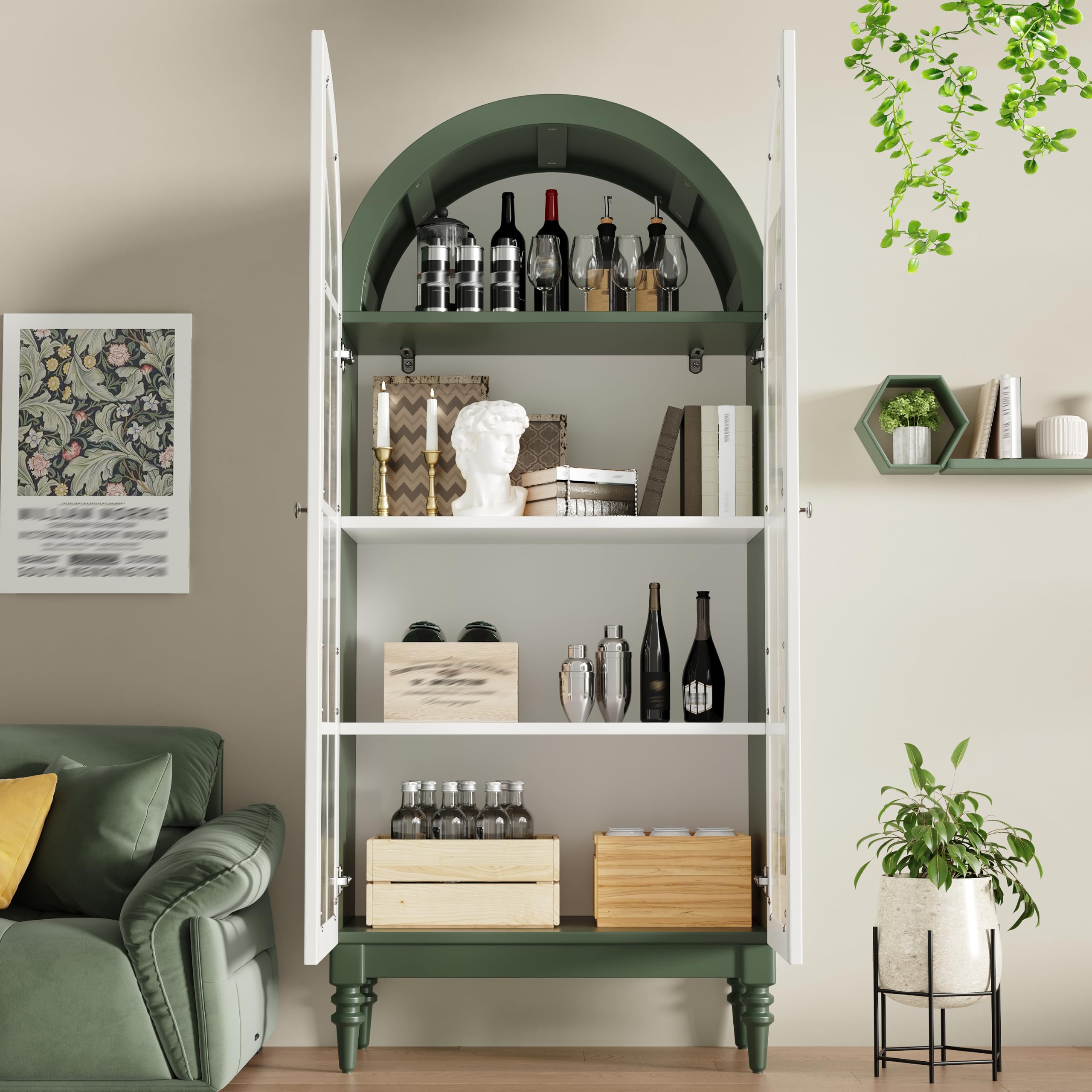 Vitrina arqueada 165 cm con puertas dobles de cristal estriado, 3 niveles, verde oscuro y blanco