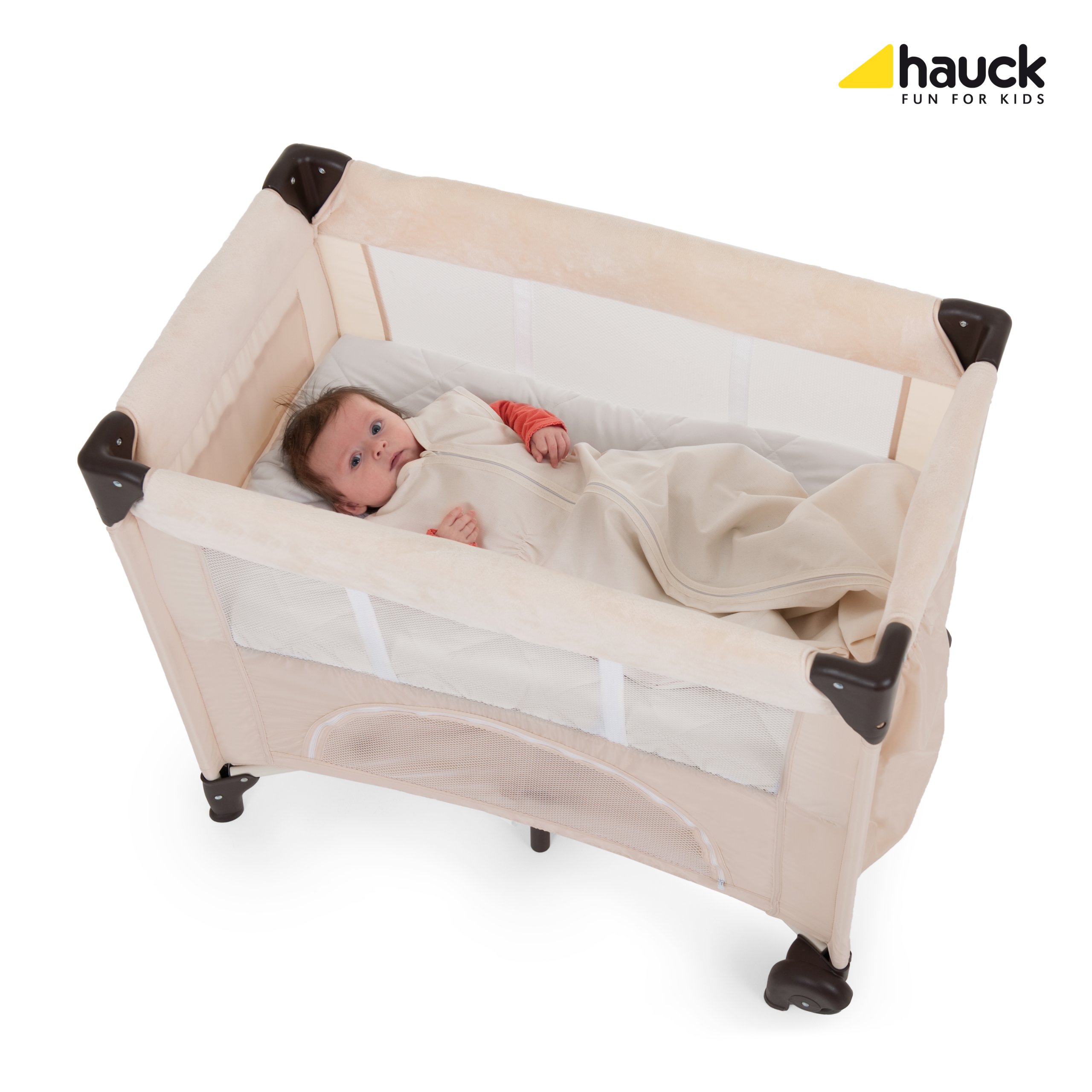 Hauck Bed Me prześcieradło ochronne na materac 80 x 50 cm, z elastycznymi narożnikami, miękkie prześcieradło z gumką do łóżeczka podróżnego – beżowe