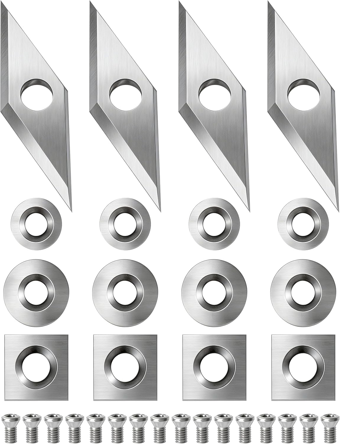 32Pcs Tungsten Carbide Cutters Inserts Set for Wood Lathe Turning Tools，Include 11mm Square with Radius, 12mm and 8.9mm Round, 30 x 10mm Diamond, M4*8mm Screws