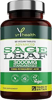 Sage Tablets 3000mg High Strength for Hot Flushes, Night Sweats, Perimenopause & Menopause Symptoms - 90 Vegan Tablets not Capsules - Standardised 10mg Rosmarinic Acid - Made in The UK by YrHealth