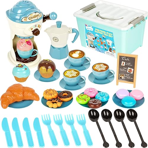 Juego de té para niñas Noetoy 46 piezas de juego de fiesta de té de la tarde con postre galletas donut cafetera de juguete y estuche de transporte