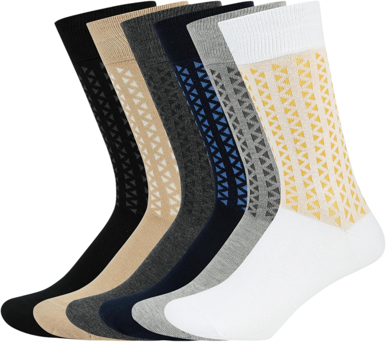 BALENZIA SocksXpress Men’s Motif Cotton Crew Socks |Pack of 6 |Black, Beige, Navy, Dark Grey, Light Grey, White|Calf-Length Premium Combed Cotton|Comfort Cuff, Reinforced Heel & Toe|Formal Wear