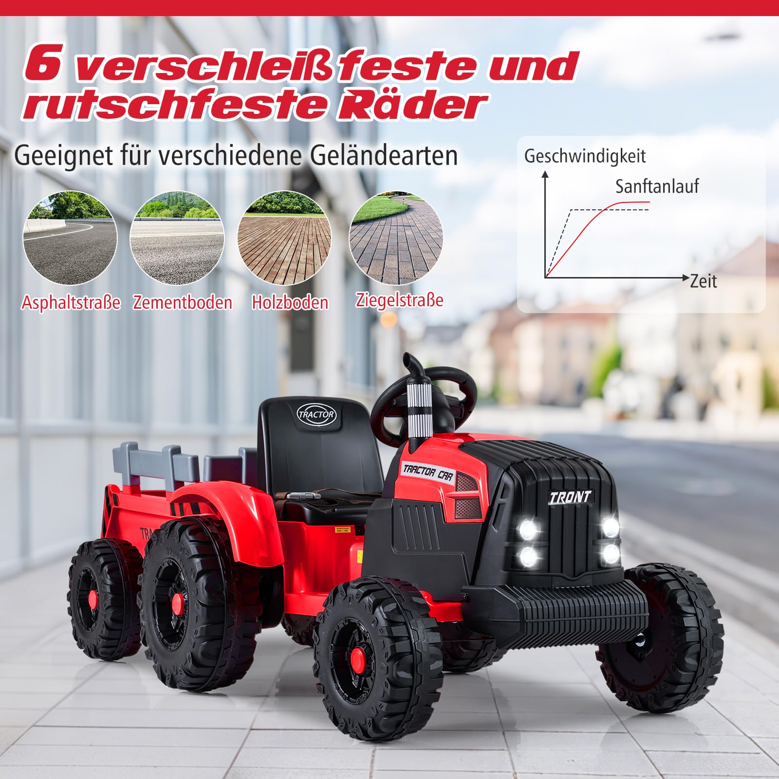 COSTWAY Elektro Traktor mit Anhänger, 24V Aufsitztraktor elektrisch inkl. Fernbedienung, Kindertraktor mit Musik, USB, Sanft-Start & LED Lichtern, Elektrotraktor für Kinder ab 3 Jahren (Rot)