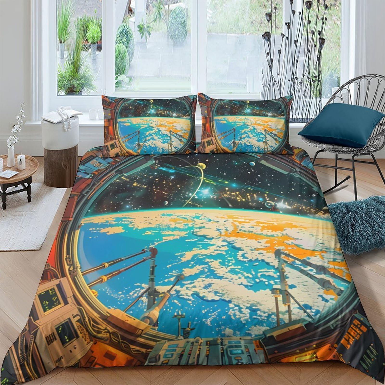 Ctjqhvkz Style-9 3D Printed Space Station View Fitted Sheet Microfiber Soft Earth Window Bed Cover For Bedroom Guest Room Decor Single（135X200cm）