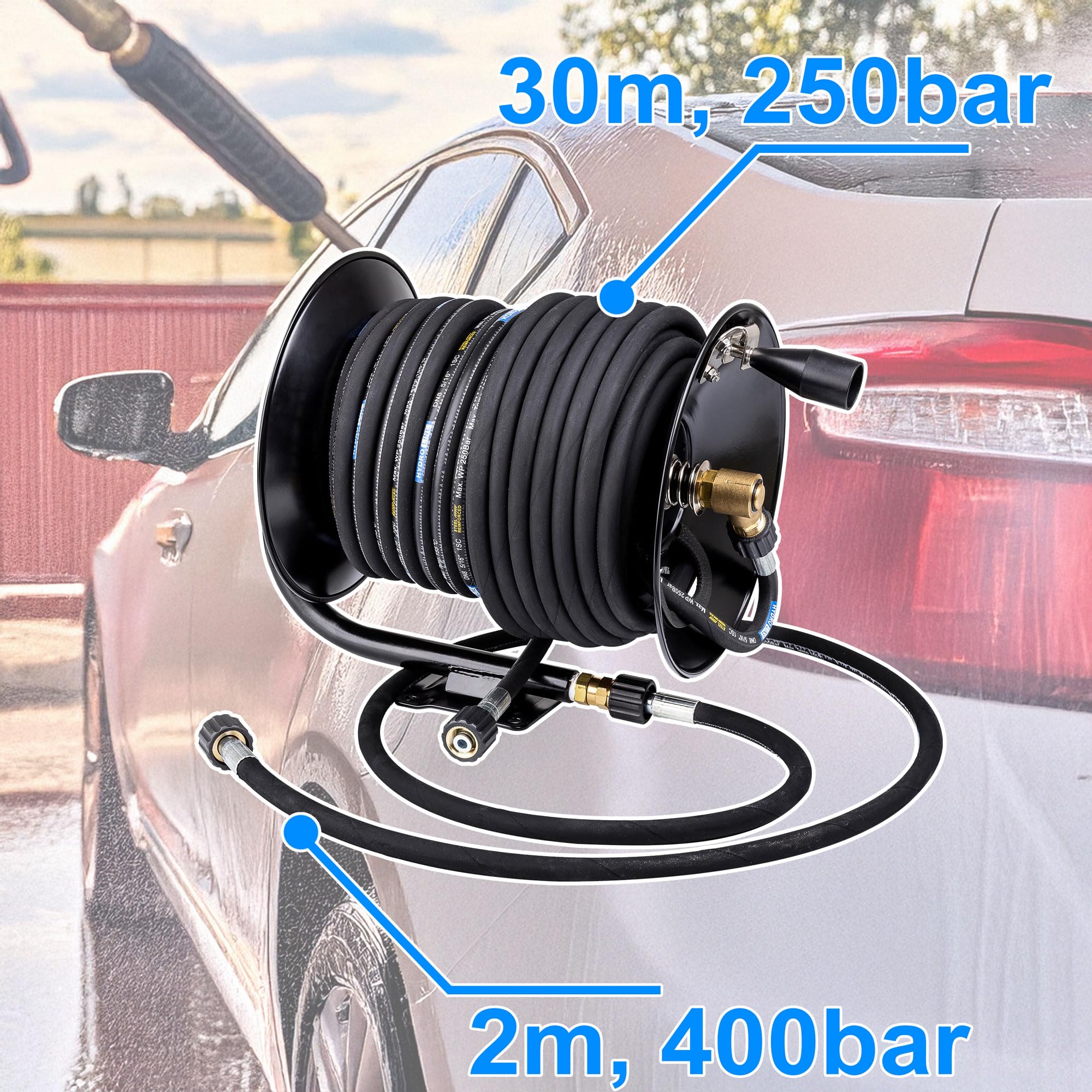 Tubo ad alta pressione rommel 210 bar con tubo ad alta pressione da 30 m DN8 250 bar, compatibile con Kärcher- pulitore ad alta pressione, azionato manualmente