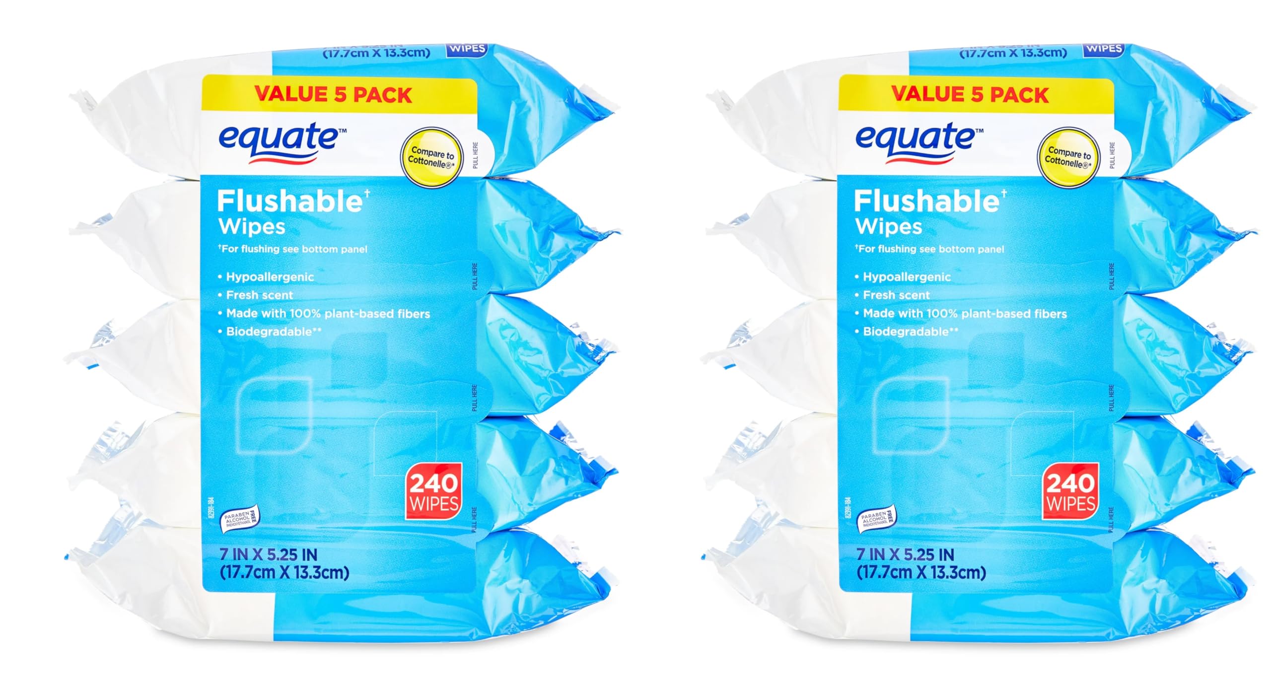Generic 2 PACK Fresh Scent Flushable Wipes, 5 Resealable Packs, 240Wipes, 480 Total Wipes