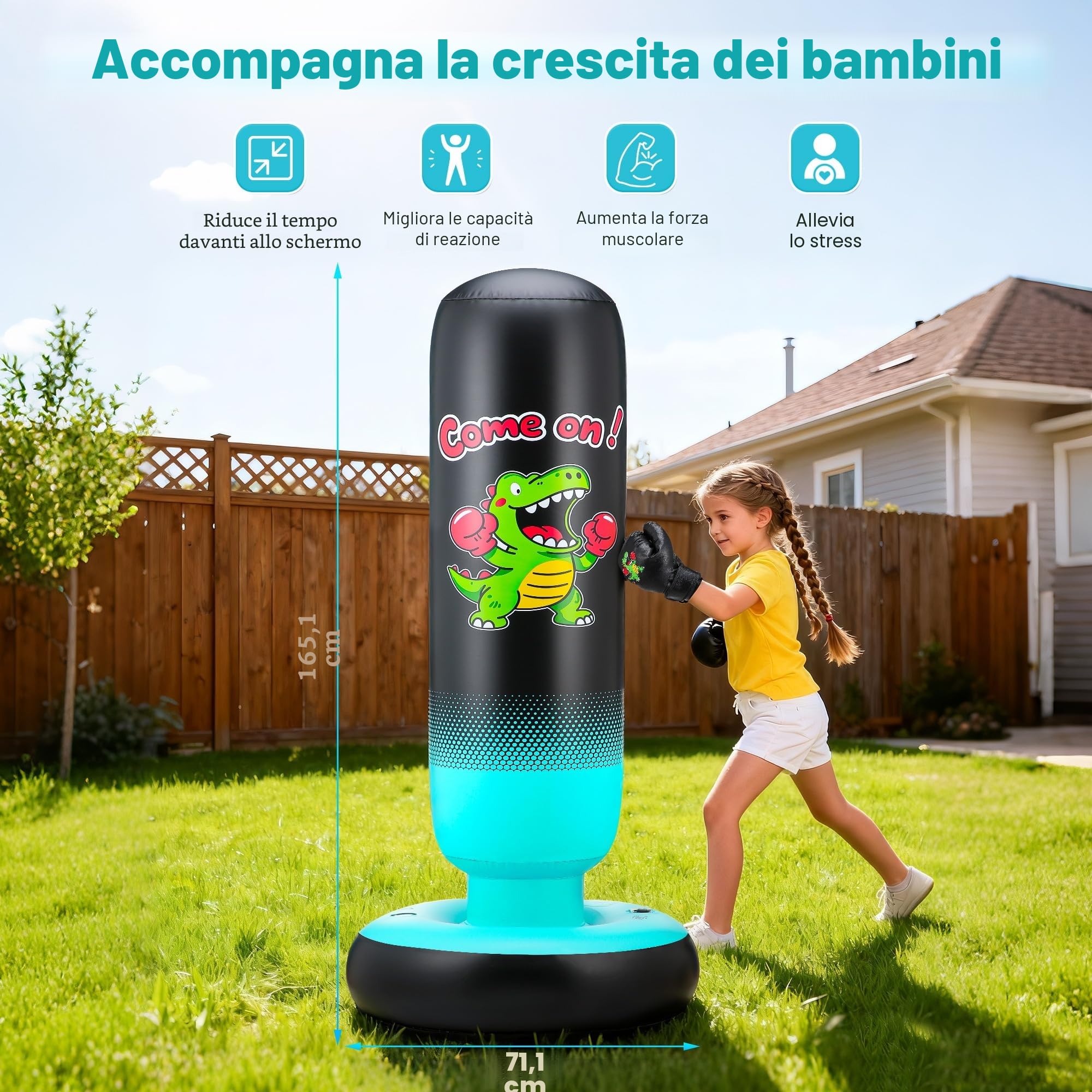 Sacco da Boxe Bambini con Guantoni da Boxe e Pompa 165cm Più Grandi e Stabili Dinosauri & Bersaglio da Colpire 2 in 1 Gonfiabile Sacco da Boxe da Terra Regali per Bambini Bambine 3-12 Anni