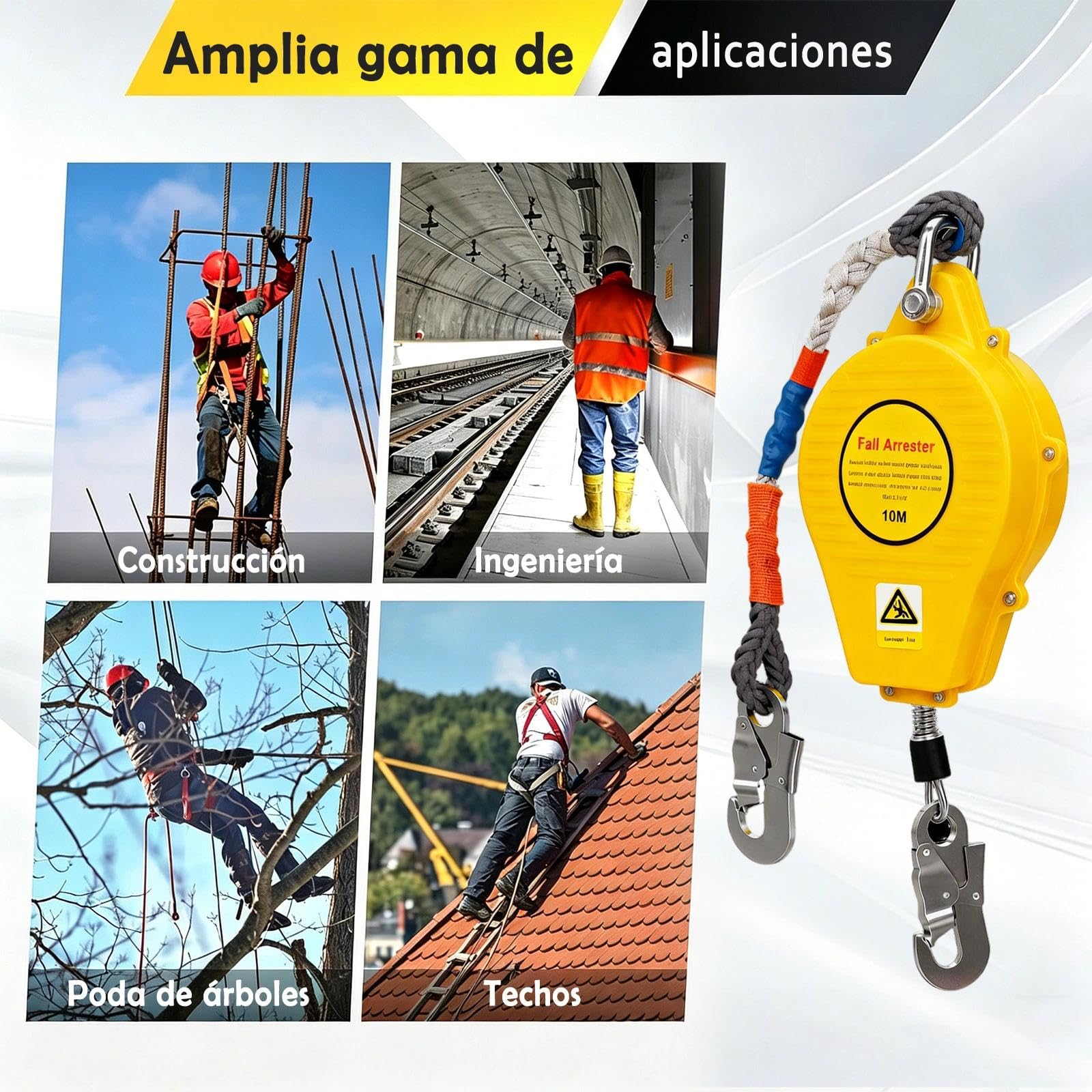 Dispositivo Anticaidas Retráctil 3-20m, Arnes Linea de Vida Retractil Tejado con Función de Bloqueo Automático, 150kg Arnes de Seguridad Anticaidas para Trabajos en Altura(Amarillo,10m)
