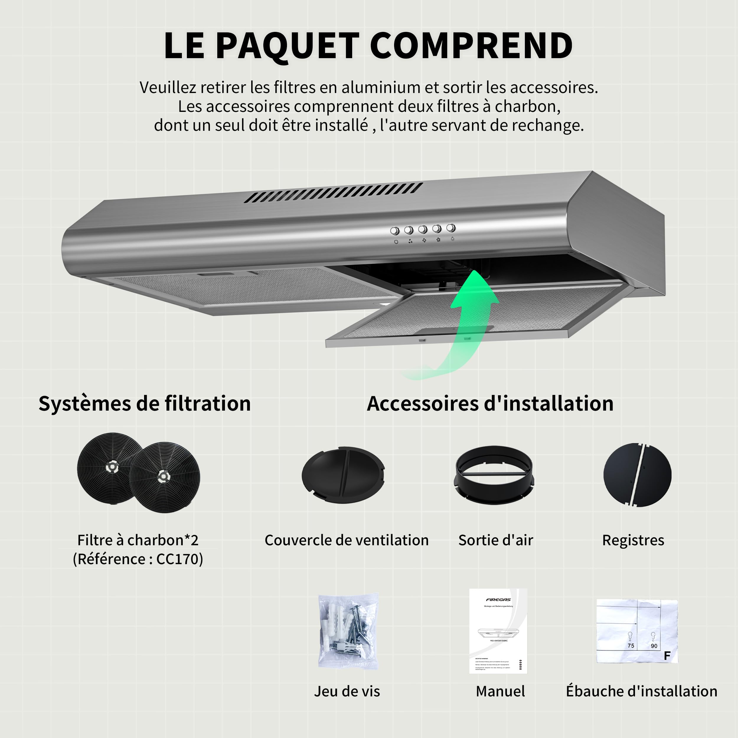 FIREGAS Hotte Aspirante 60 cm en Acier Inoxydable, 250 m³/h, Moteur Sans Balais, Classe A+, Silencieuse, Hotte Cuisine Encastrable ou Murale, Évacuation ou Recyclage