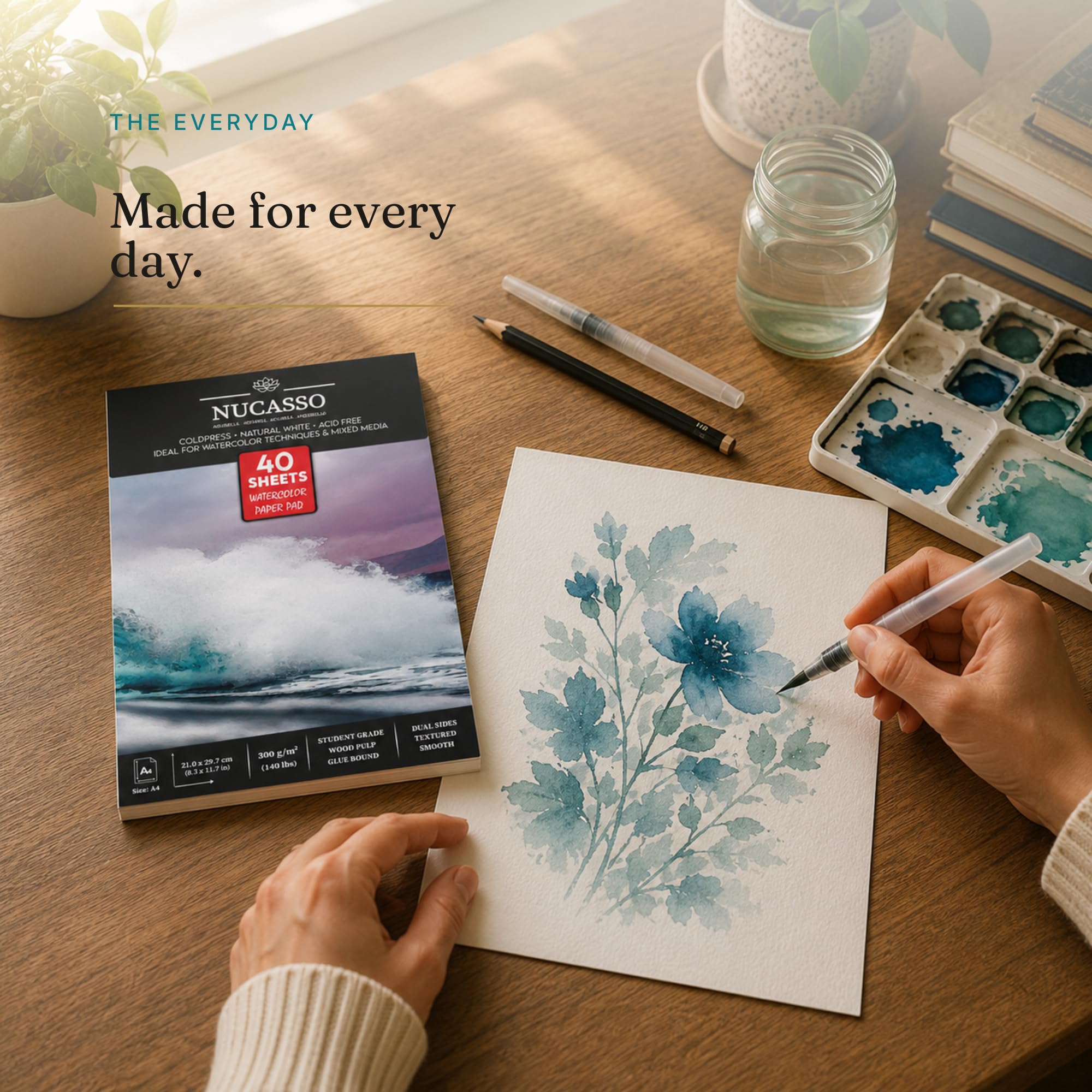 NUCASSO Aquarellpapierblock A4 x 30 Blatt – Naturweiß 300 g/m² Studentenqualität, kaltgepresst, klebegebunden, Aquarell-Skizzenbuch für nassen, trockenen und gemischten Medien