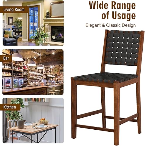 Miniatura 8 de Juego de sillas de altura de barra de 2,24 pulgadas de altura de asiento con asiento y respaldo tejidos, correas de piel sintética sintética para