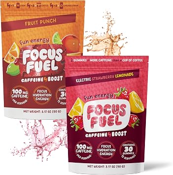 FocusFuel Energy Chews Variety Pack Strawberry Lemonade & Fruit Punch 2-Pack, 30 Servings Total 100mg Natural Caffeine + Nootropics Juicy Energy, No Crash