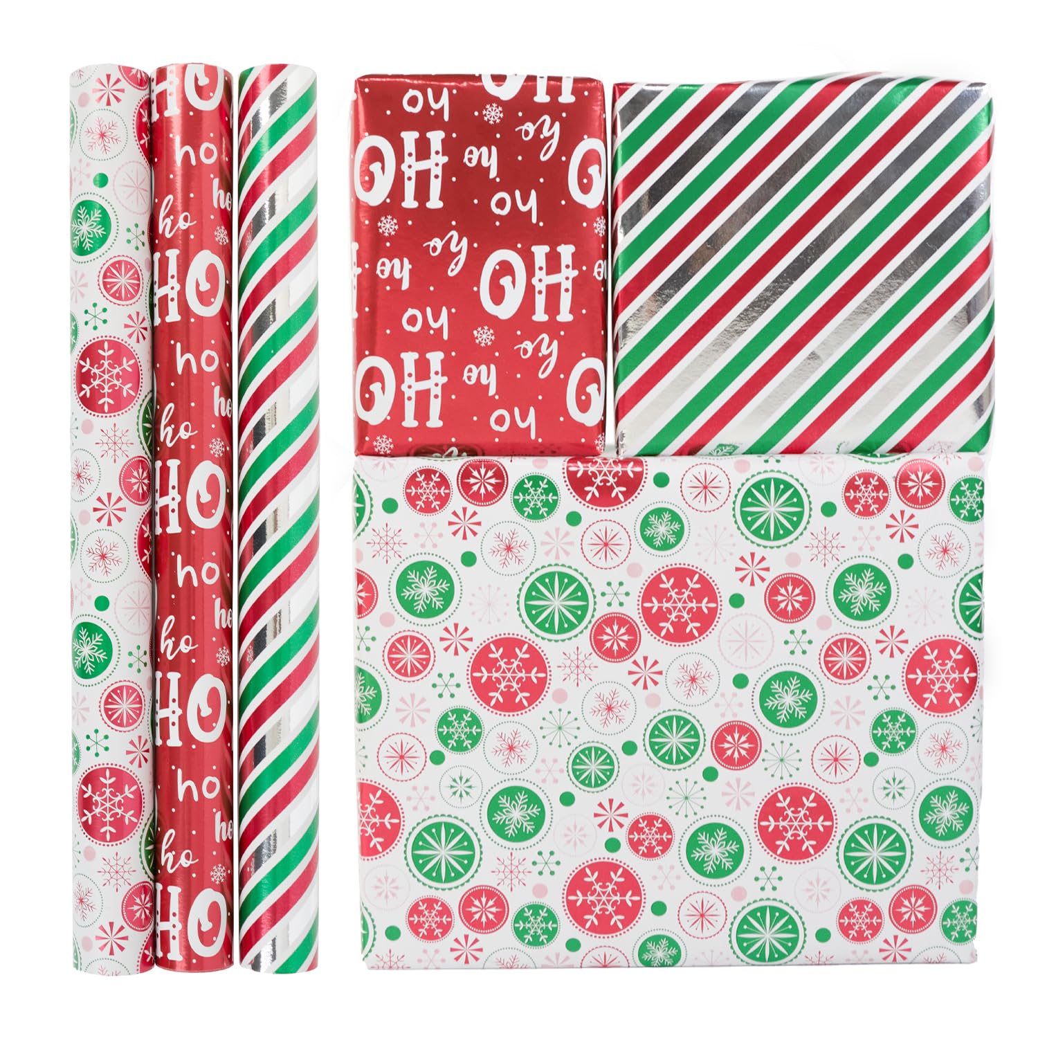Christmas Wrapping Paper Roll,Red Green Snowflake Wrapping Paper,3 Rolls 43cm x 3m Metallic Gift Wrap Paper for Christmas,Party,Birthday,Festive Decorations — image 1