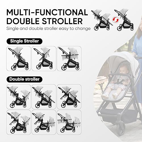 Miniatura 4 de Cochecito doble para bebés gemelos y niños pequeños, tándem plegable, cochecito convertible individual a individual, peso ligero compacto, edades de