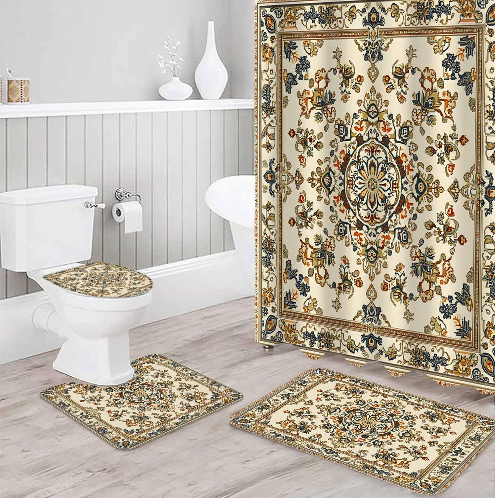 Boho Floral Bathroom Set with Shower Curtain and Rug and Accessories - 36x72 Inches Long Modern Abstract Ethnic Tribal Patterns Stall Curtain Waterproof with Large Bath Mat, Washable Runner Rug Set