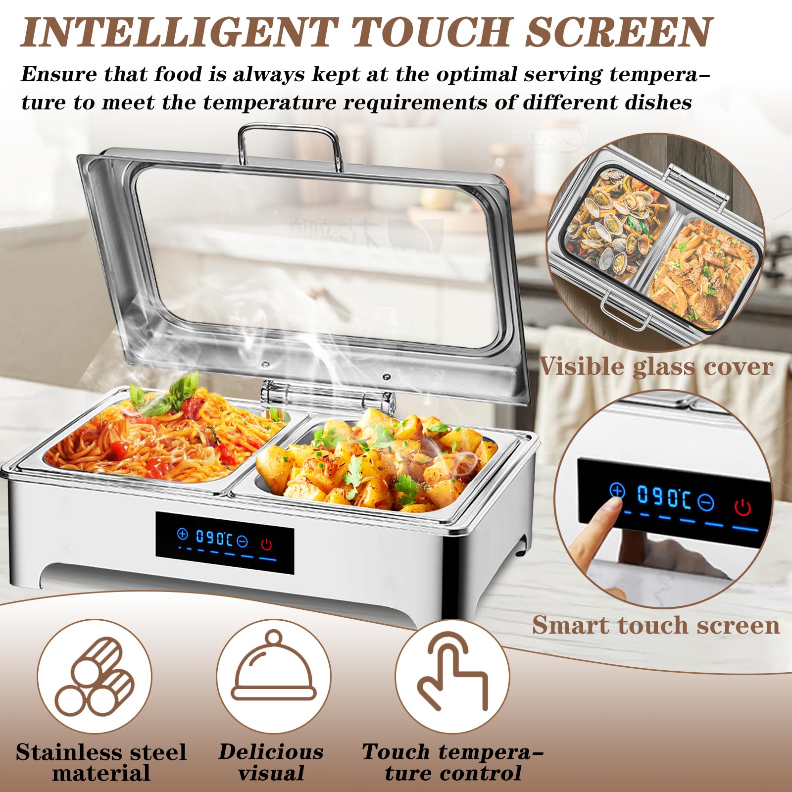 Juego de platos eléctricos para bufé, calentador de alimentos de acero inoxidable con control táctil inteligente para catering, fiestas, eventos y reuniones al aire libre