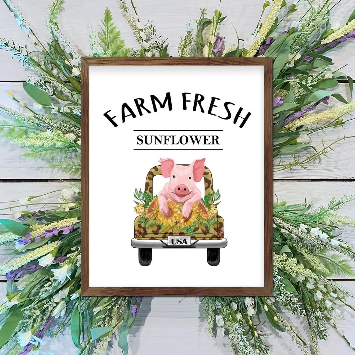 Farm Fresh Sunflower Framed Wooden Sign Farm Pig Leopard Truck Welcome Sign Classic Garden Floral Wall Art Hanging Decoration for Home Front Door Entryway Porch 20x16inch