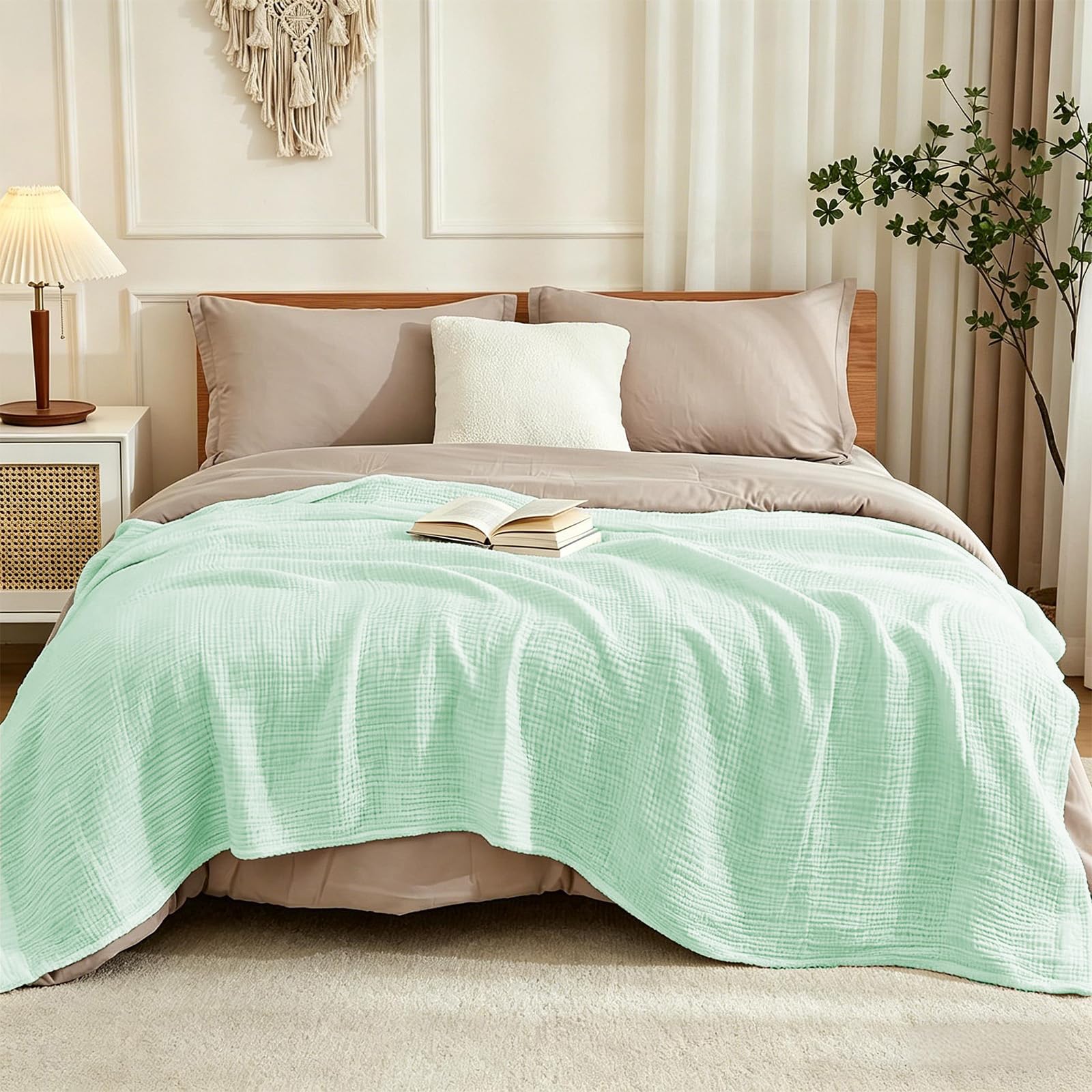 Musselin Decke 150x200 cm – 100% Baumwolle, 6-Lagige Weiche Sommerdecke, Atmungsaktive Dünne Kuscheldecke für Bett & Sofa, Tagesdecke Couch Überwurf (Hellgrün)