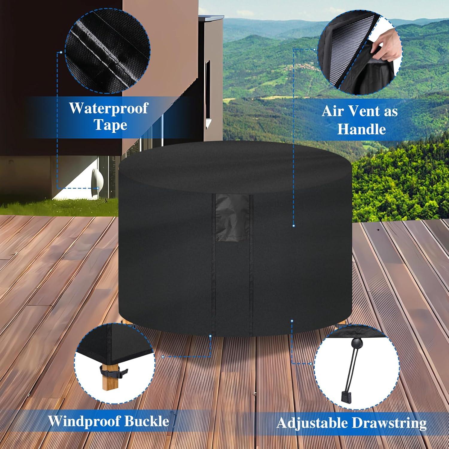 Fire Pit Cover Round- Waterproof Firepit Covers Round (36Dia x 24H inches, Black) Outdoor Fireplace Cover Weatherproof and Non Fading