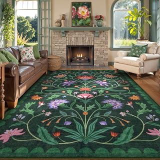 Lahome Boho Floral Washable Green 9x12 Area Rugs for Living Room, Non Slip Rugs for Bedroom, Indoor Throw Dining Room Carpet for Under Table Home Office Playroom (Forest Green,9x12ft)