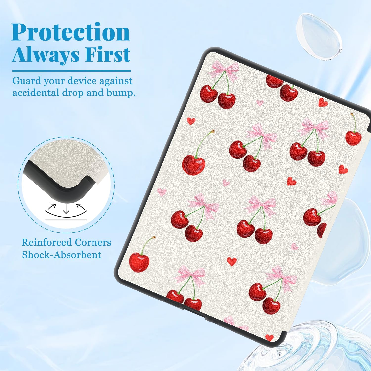 MAYCARI Pink Cherry Wreath Bows Case for 7" Kindle Paperwhite 12th Generation 2024 & Kindle Colorsoft Signature Edition Case with Hand Strap, Premium PU Leather Protective Cover with Auto Sleep/Wake